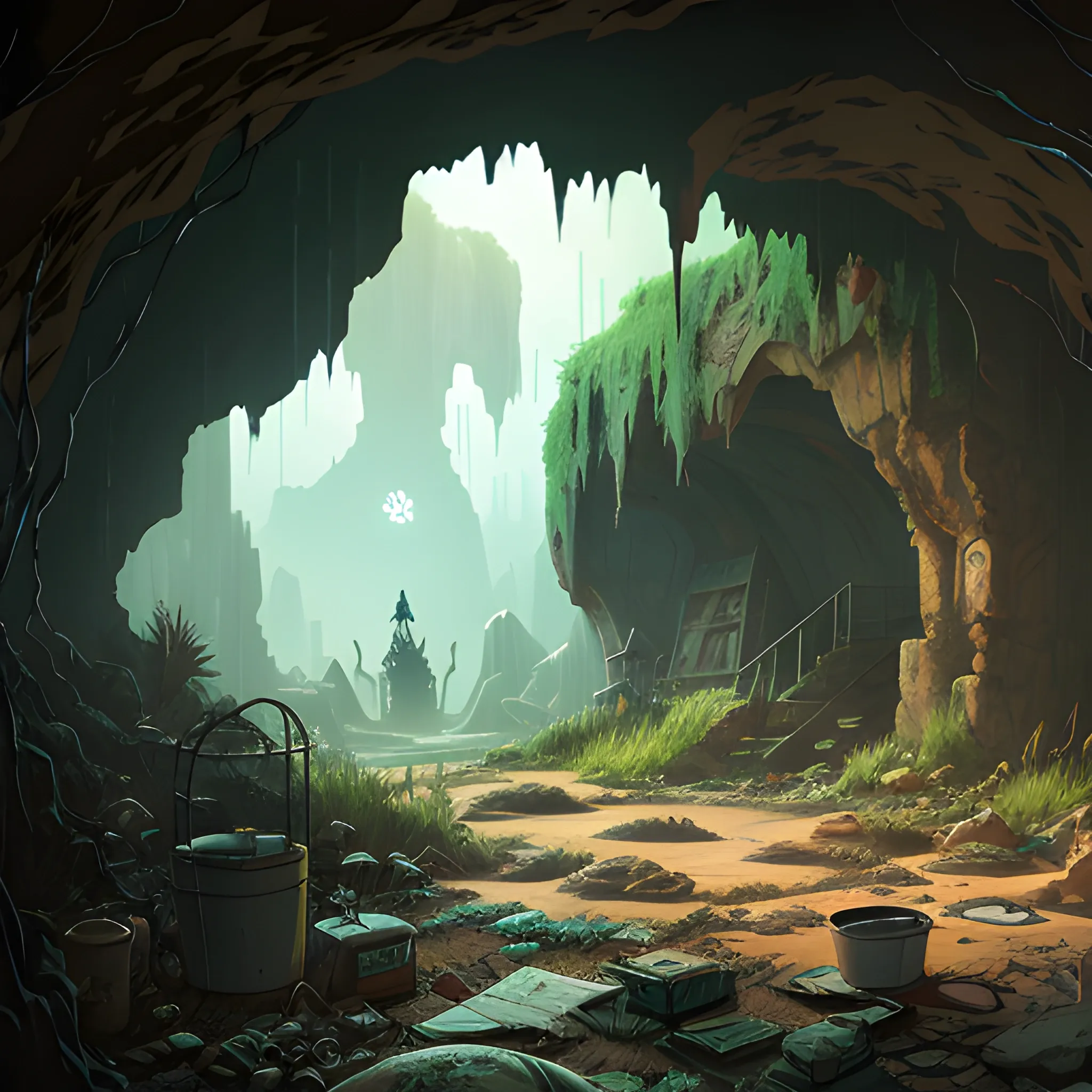 interior of a dilapidated cave with skulls, grass, cobwebs and trash on the ground with a small entrance above... in the style of makoto shinkai and greg rutkowski and albert bierstadt and james gurney, Cartoon