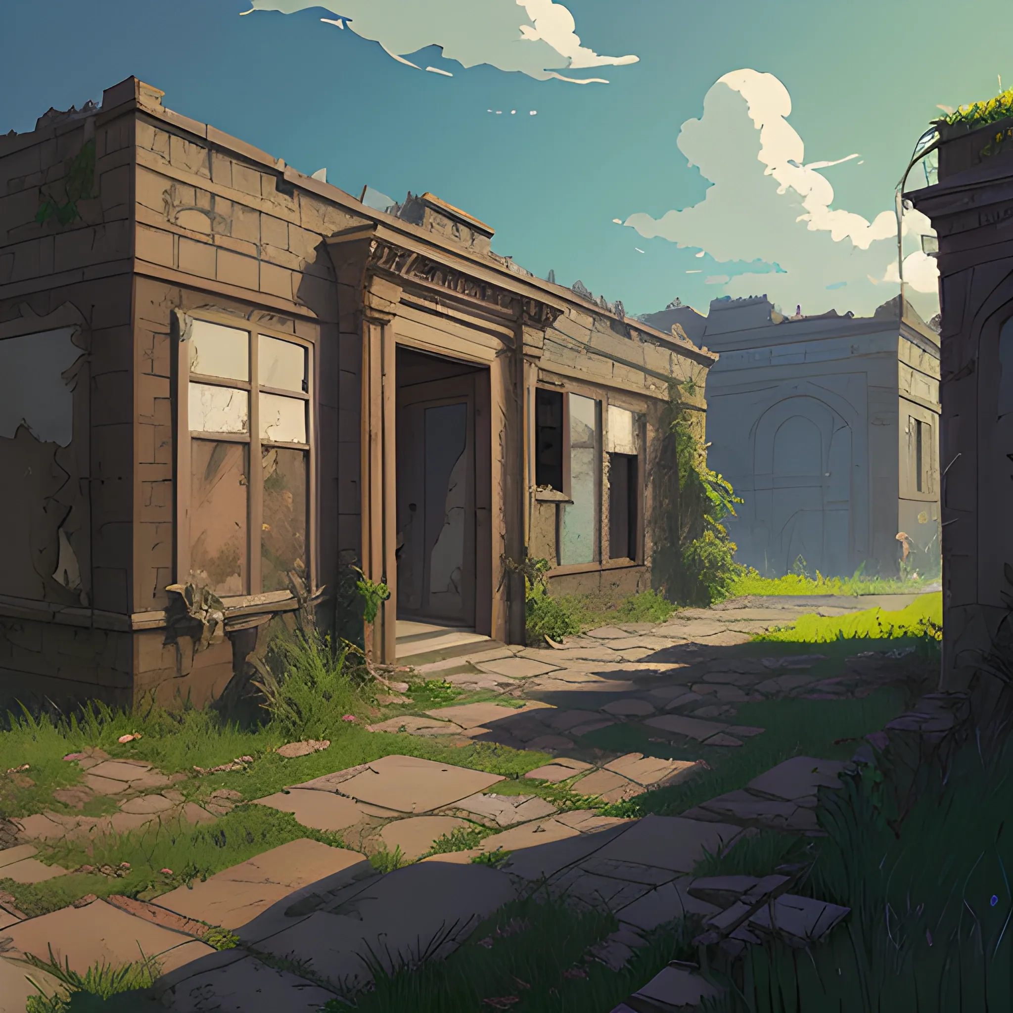 front of view of an old dilapidated wall... in the style of makoto shinkai and greg rutkowski and albert bierstadt and james gurney, Cartoon