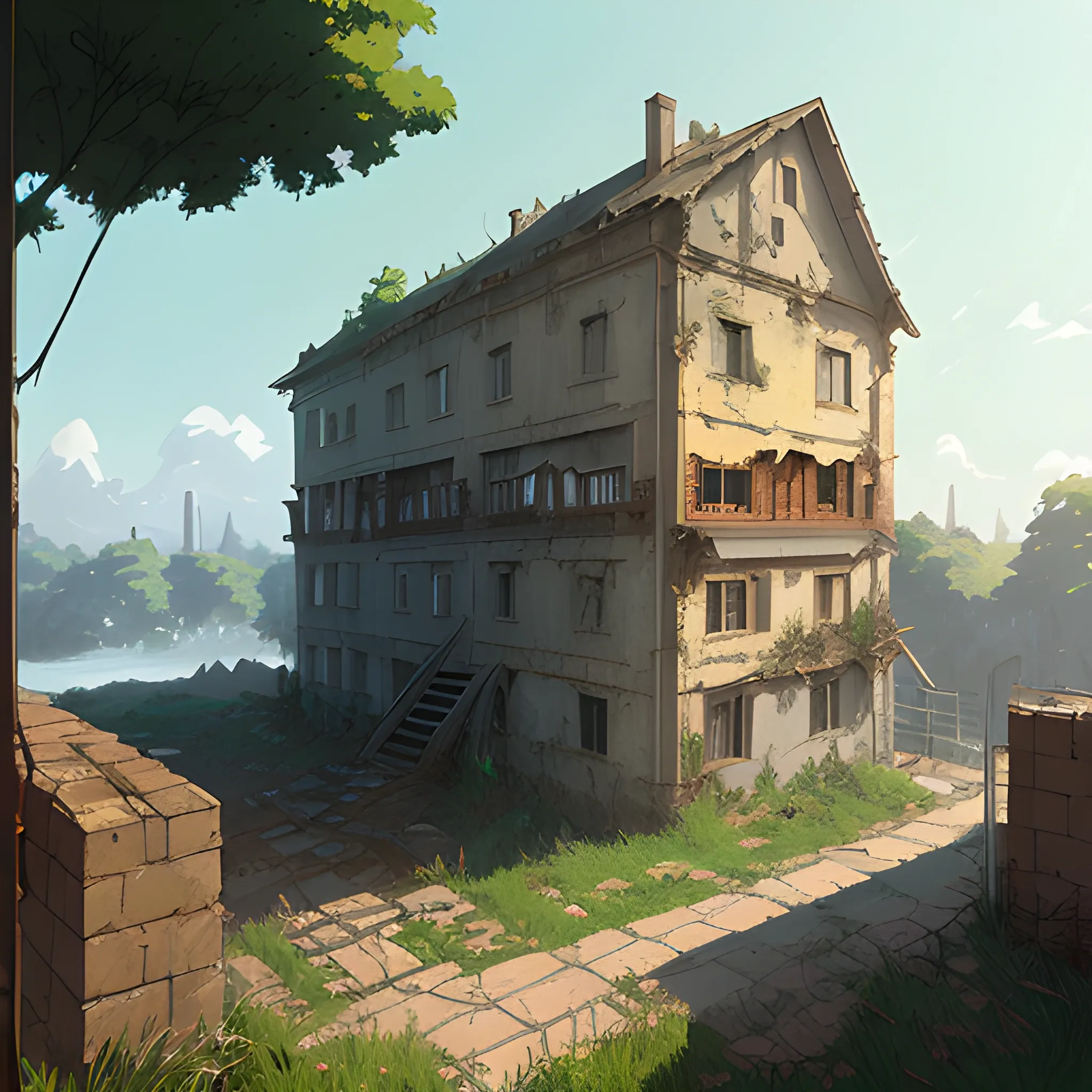 front of view of an old dilapidated wall... in the style of makoto shinkai and greg rutkowski and albert bierstadt and james gurney, Cartoon