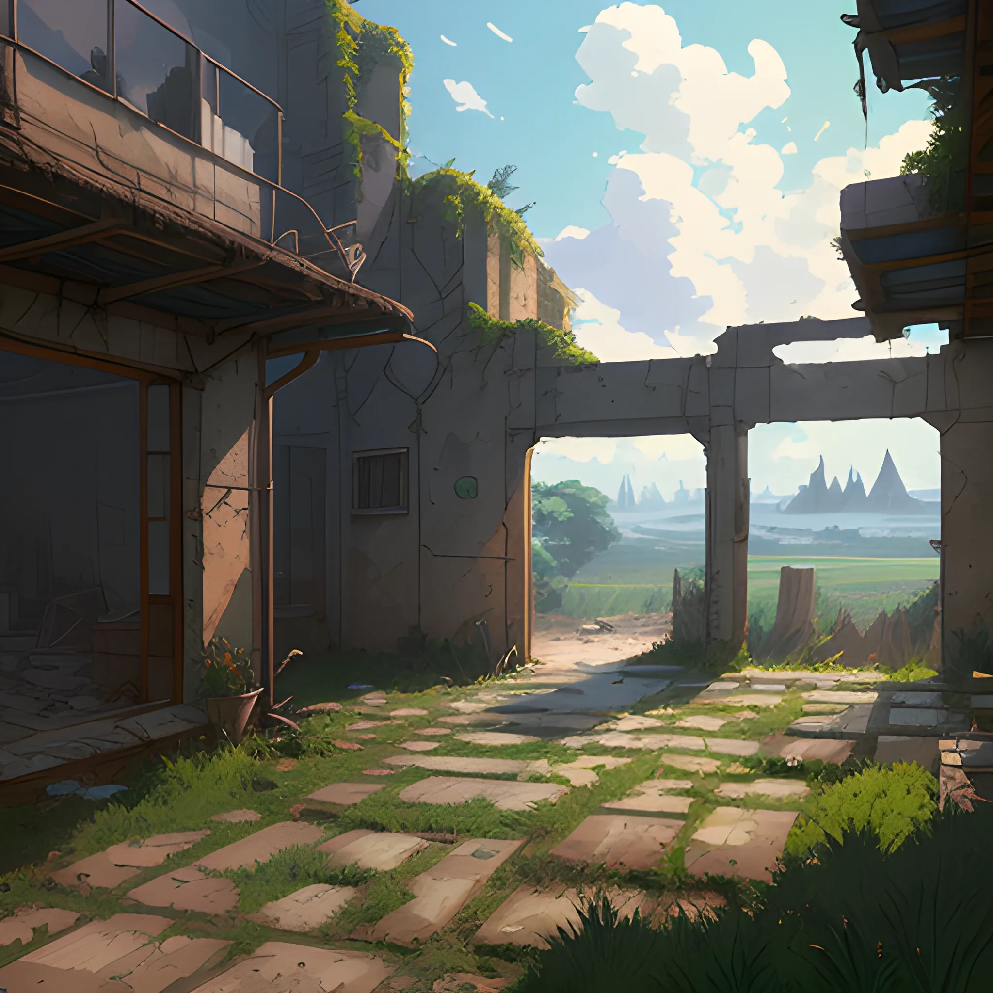 front of view of an old dilapidated wall... in the style of makoto shinkai and greg rutkowski and albert bierstadt and james gurney, Cartoon