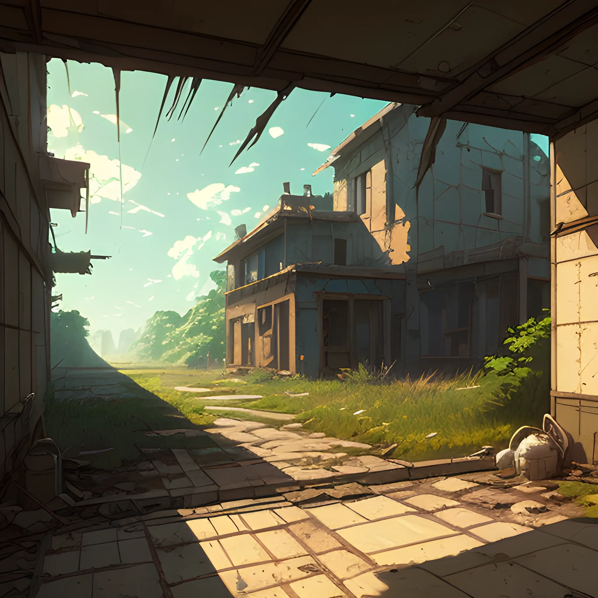 front of view of an old dilapidated wall... in the style of makoto shinkai and greg rutkowski and albert bierstadt and james gurney, Cartoon