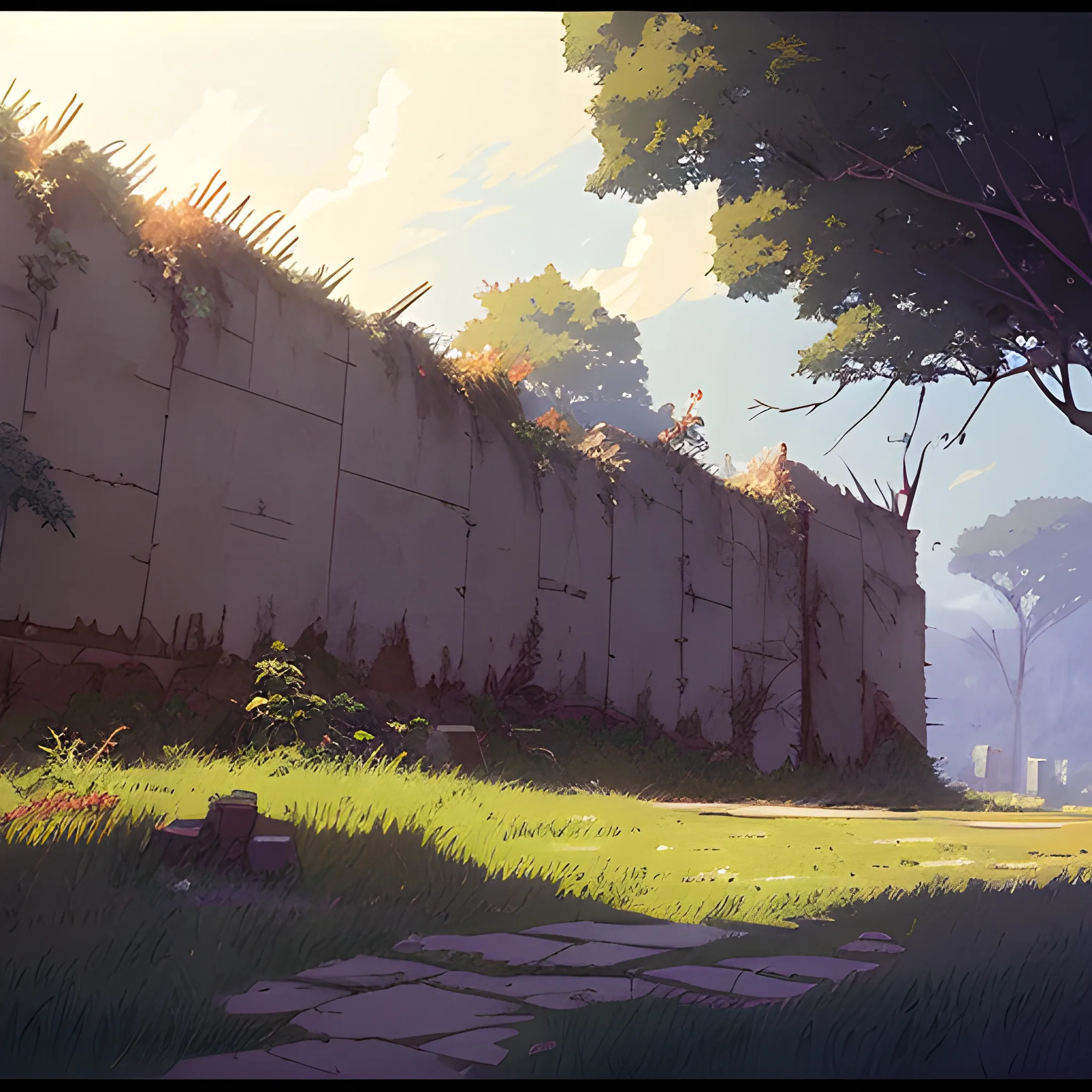 front of view of an old dilapidated wall... in the style of makoto shinkai and greg rutkowski and albert bierstadt and james gurney, Cartoon