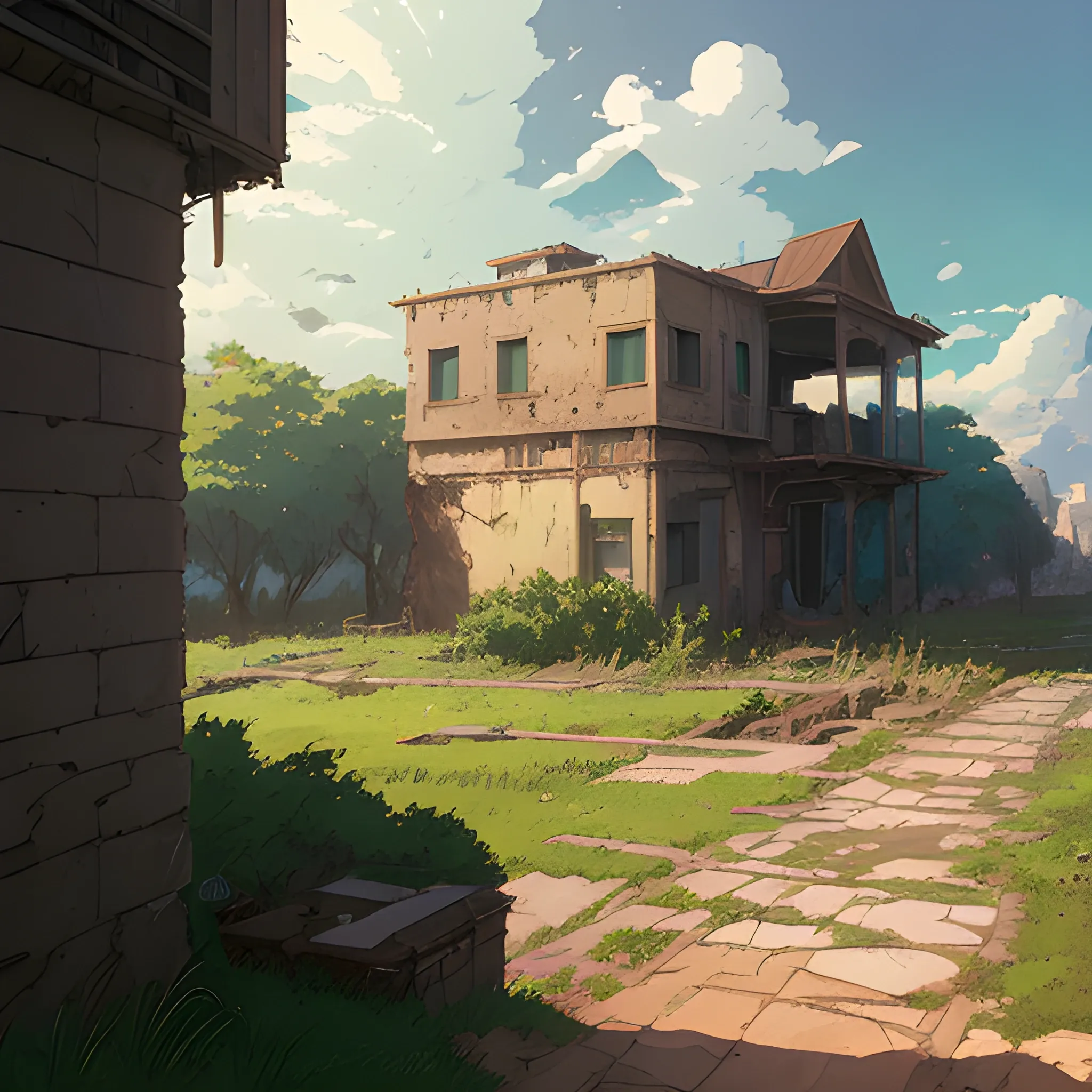 front of view of an old dilapidated wall... in the style of makoto shinkai and greg rutkowski and albert bierstadt and james gurney, Cartoon