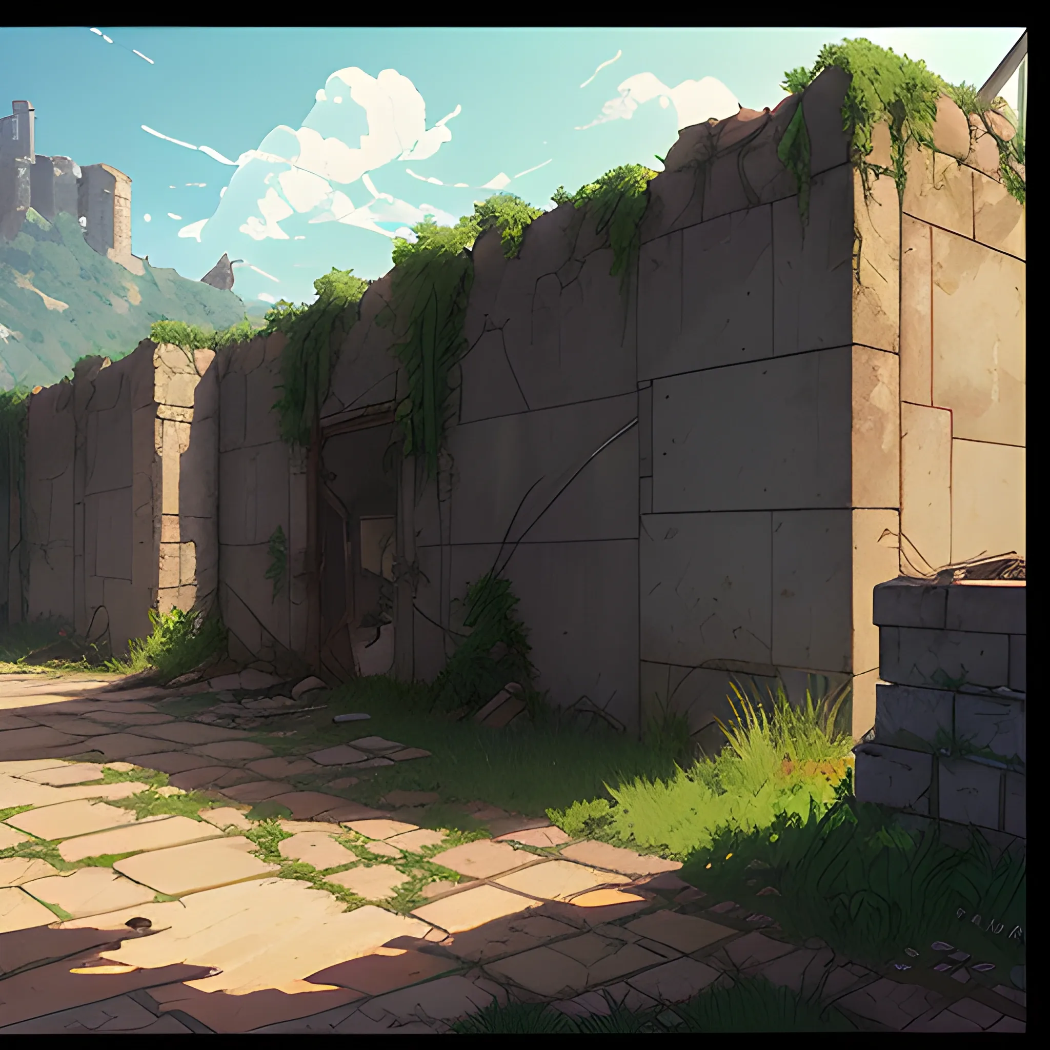 front of view of an old dilapidated wall... in the style of makoto shinkai and greg rutkowski and albert bierstadt and james gurney, Cartoon