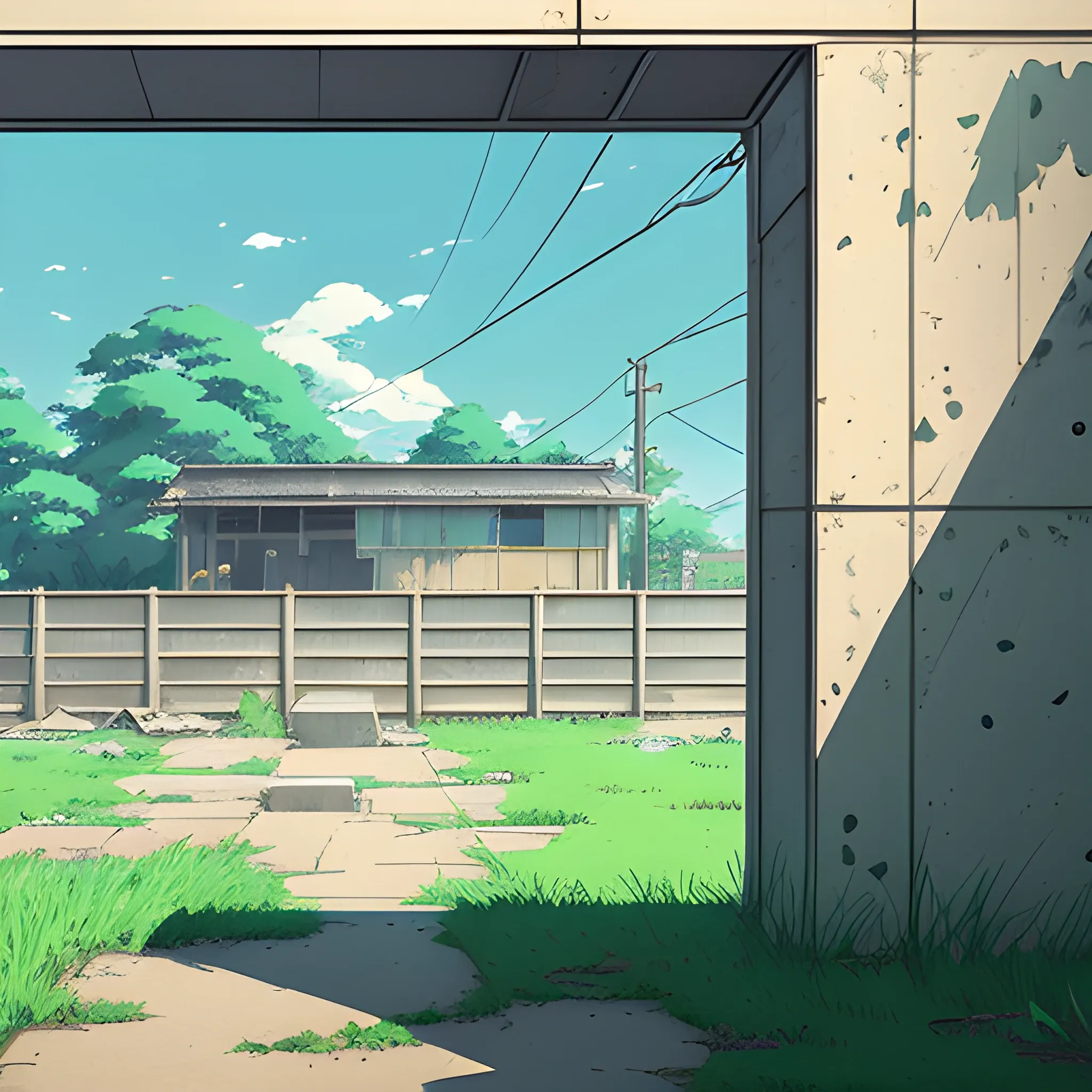 front of view of an old dilapidated wall... in the style of makoto shinkai, Cartoon