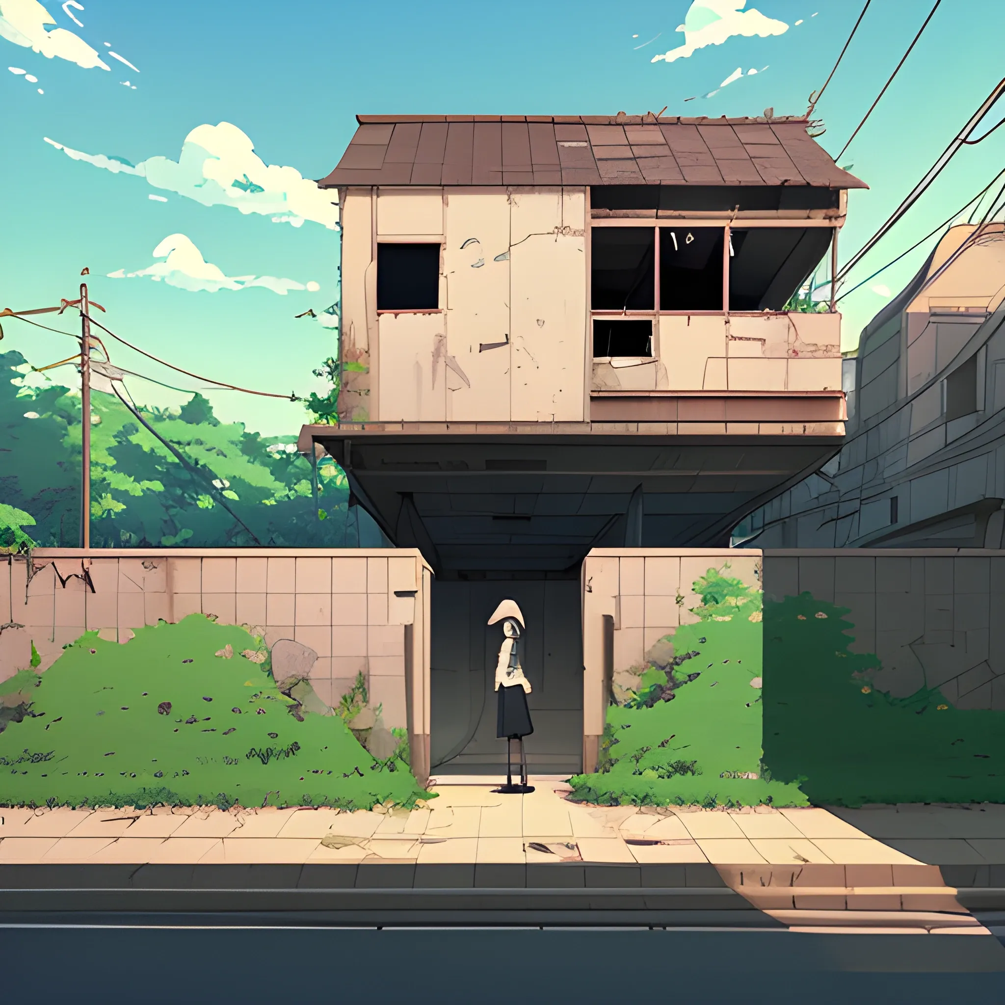 front of view of an old dilapidated wall... in the style of makoto shinkai, Cartoon