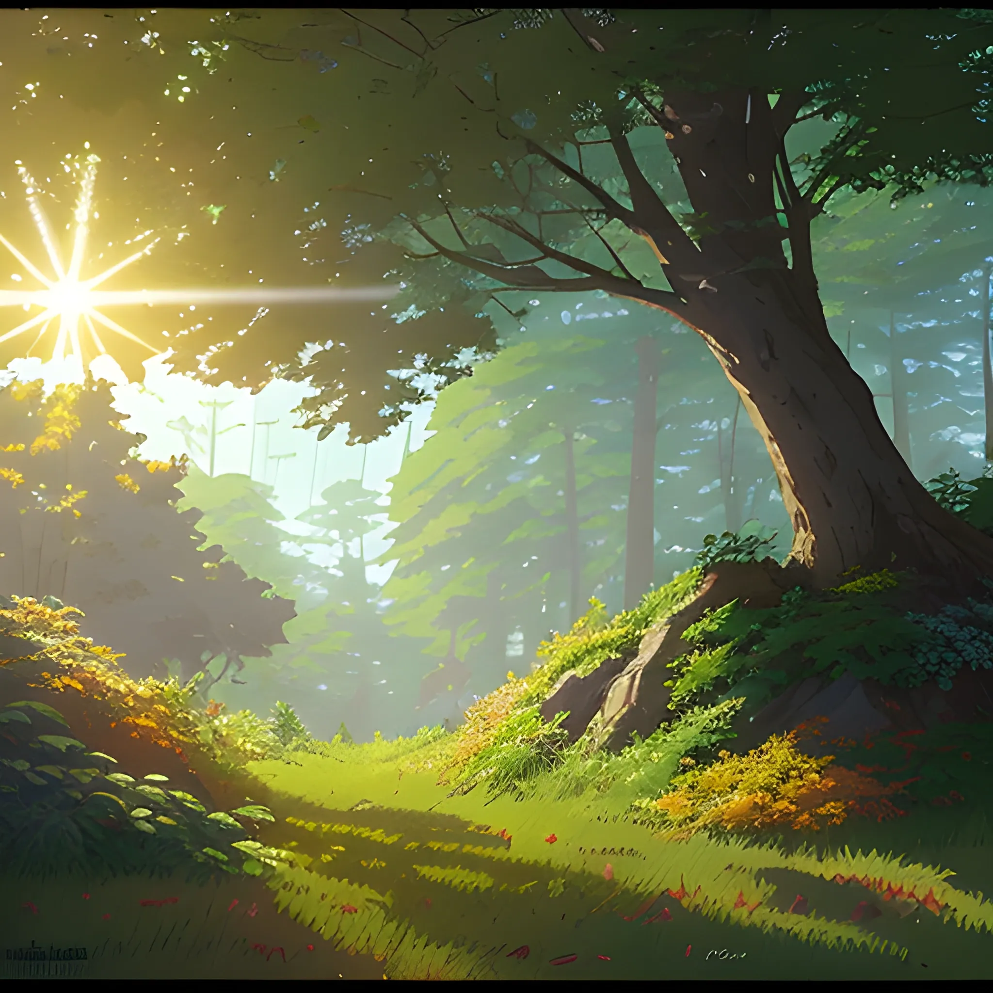 close up on foliage with glimmer of sun... in the style of makoto shinkai and greg rutkowski and albert bierstadt and james gurney, Cartoon