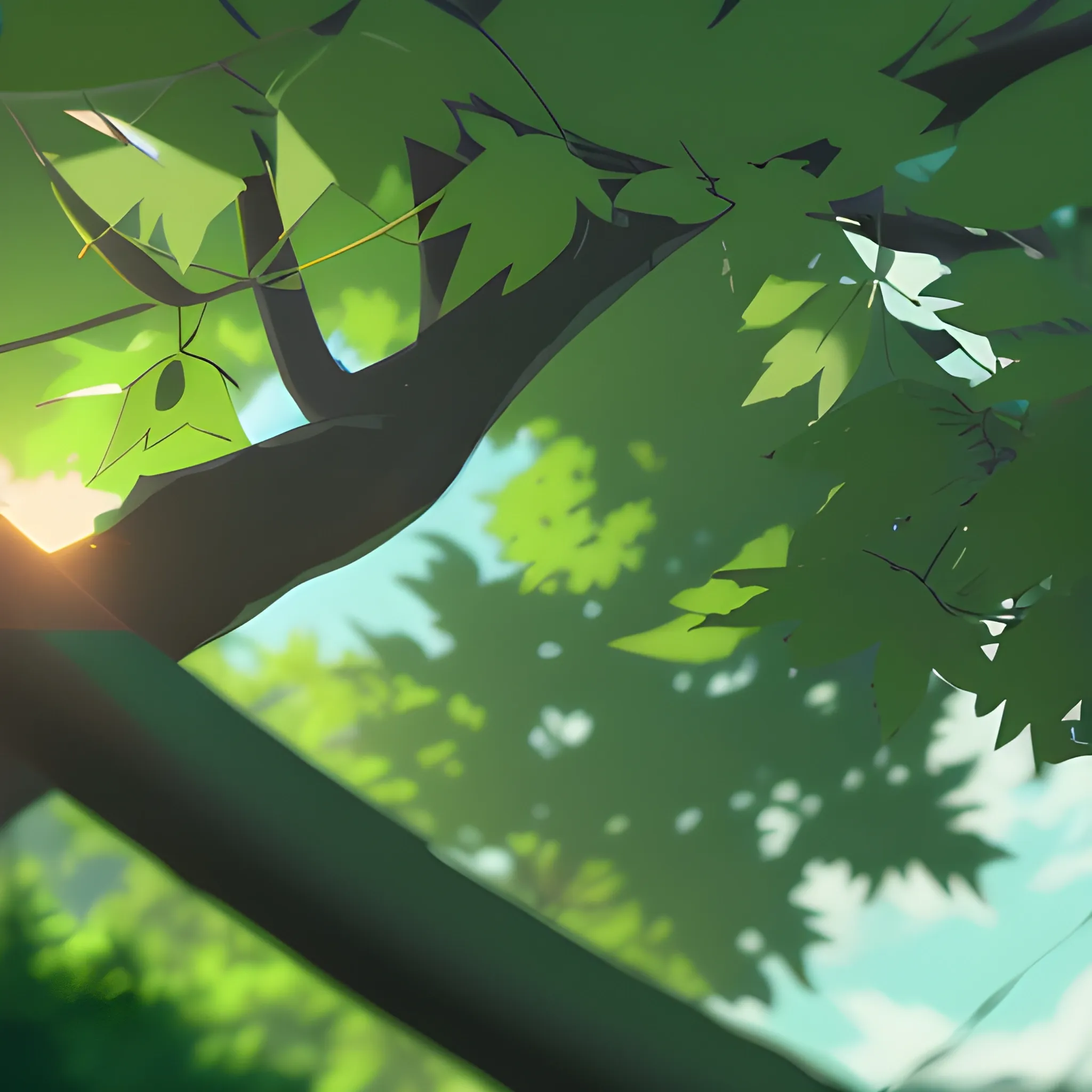 close up on foliage with glimmer of sun... in the style of makoto shinkai, cartoon