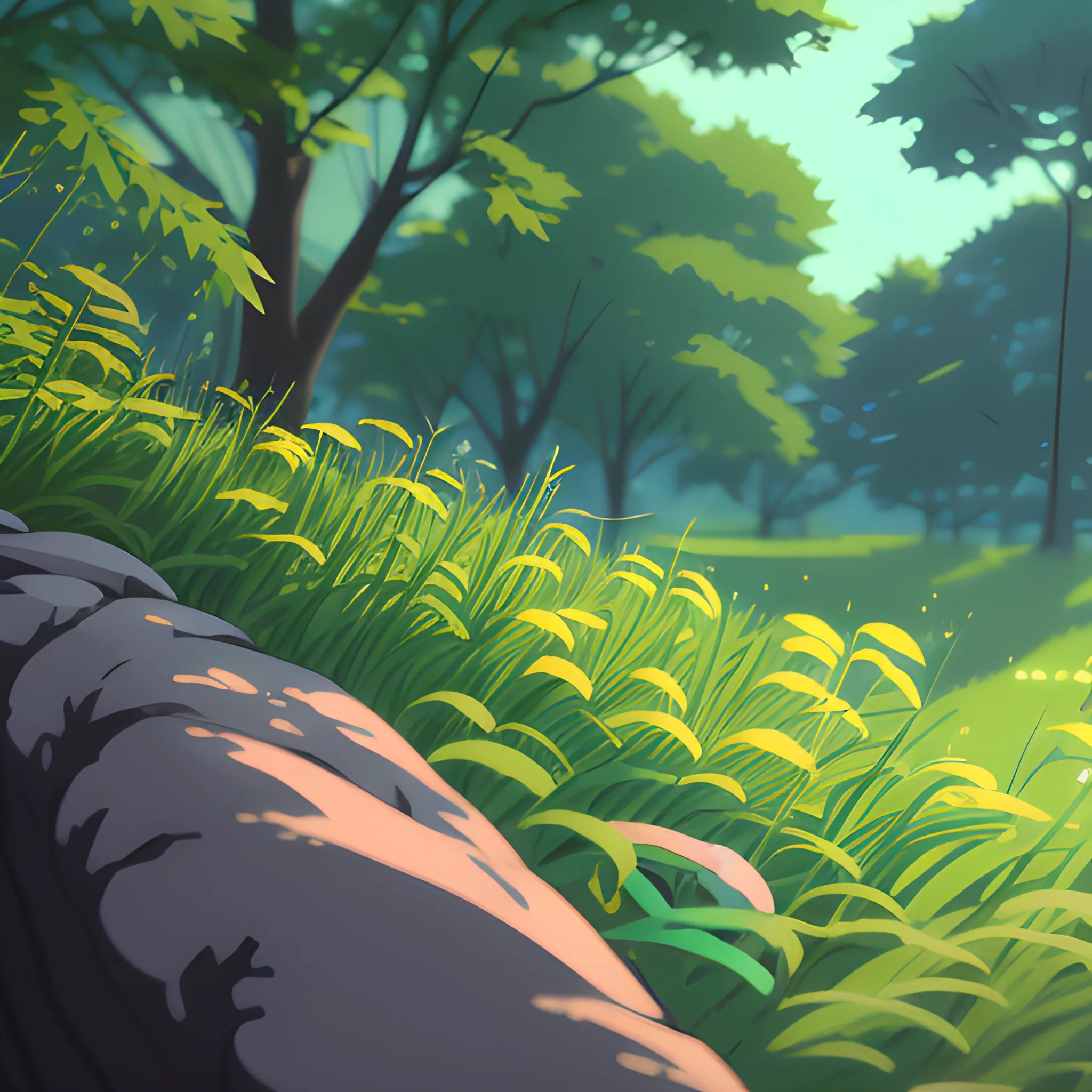 close up on foliage with glimmer of sun... in the style of makoto shinkai, cartoon