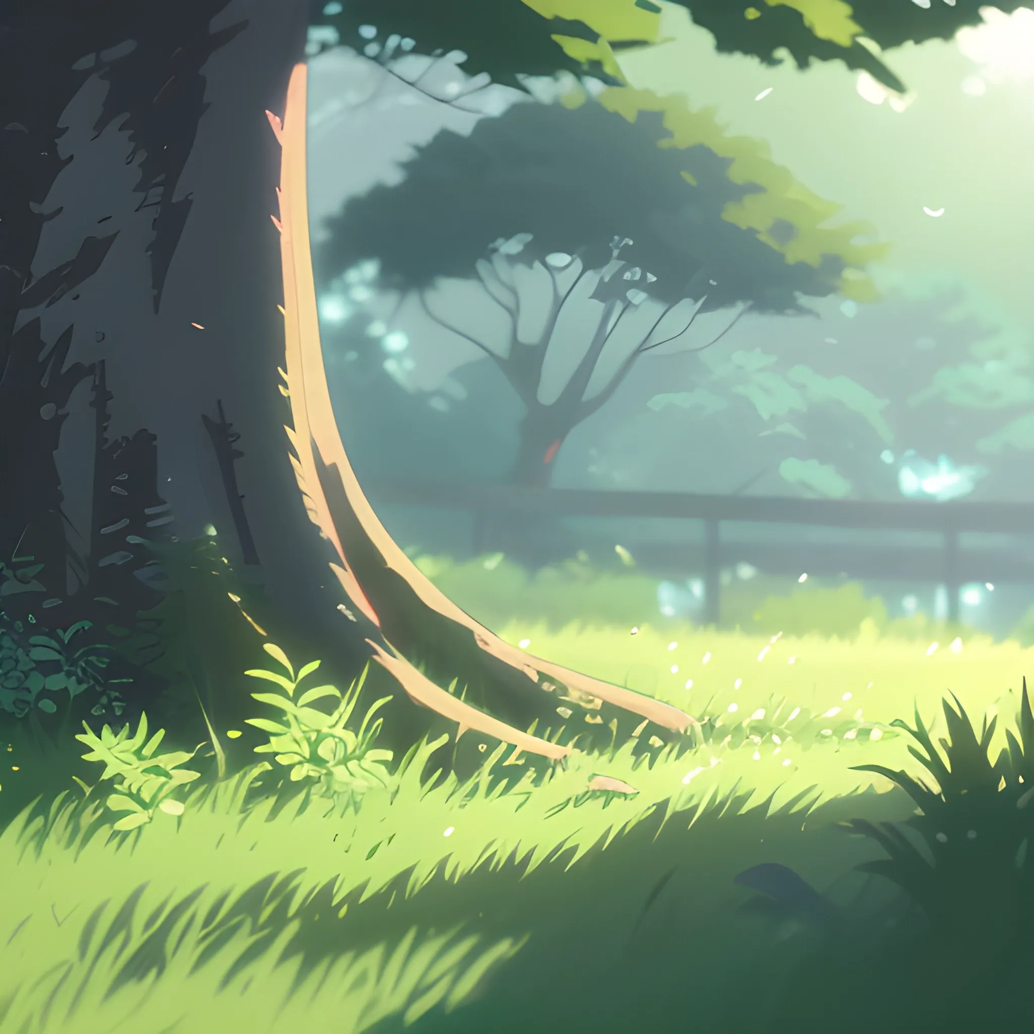 close up on foliage with glimmer of sun... in the style of makoto shinkai and greg rutkowski, cartoon