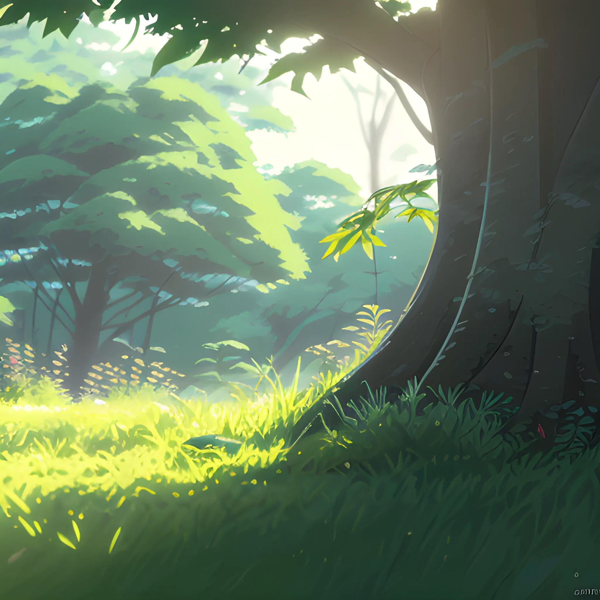 close up on foliage with glimmer of sun... in the style of makoto shinkai and greg rutkowski, cartoon