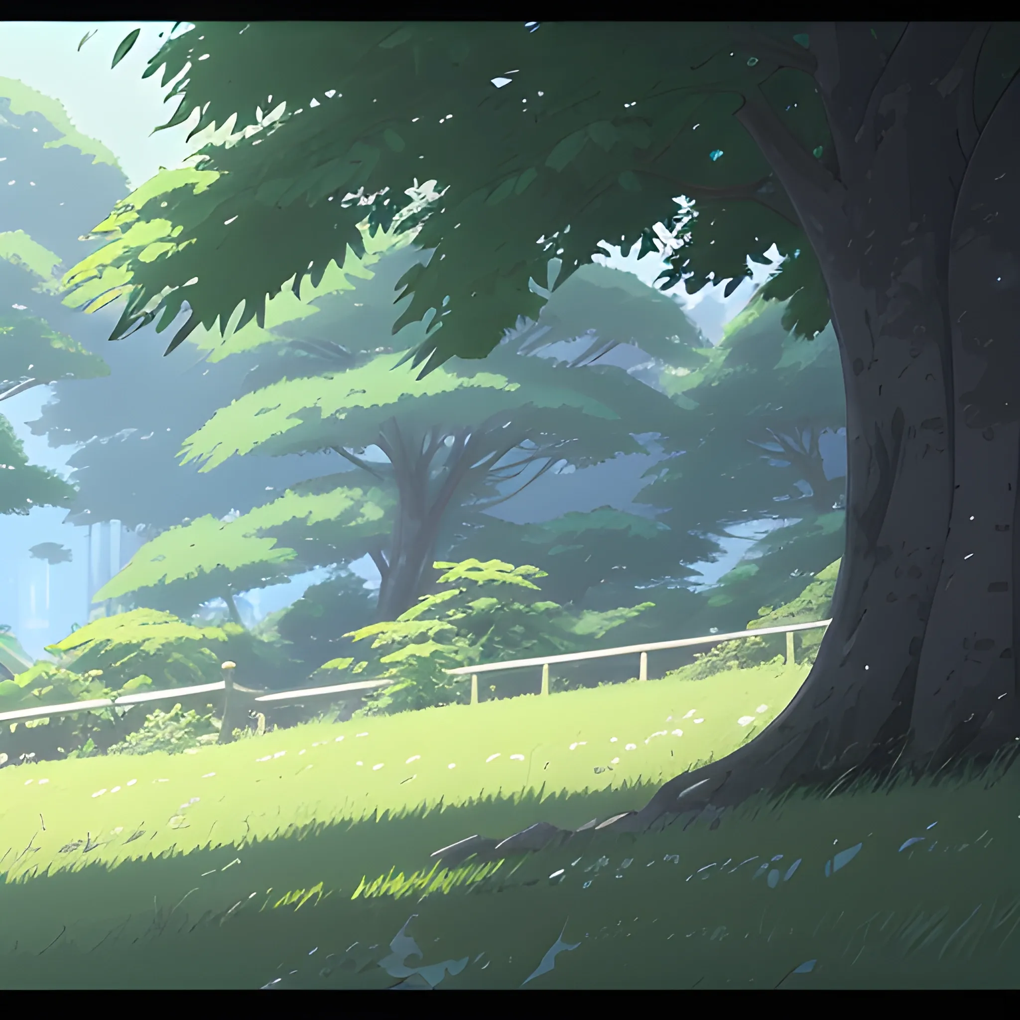 close up on foliage... in the style of makoto shinkai and greg rutkowski, cartoon