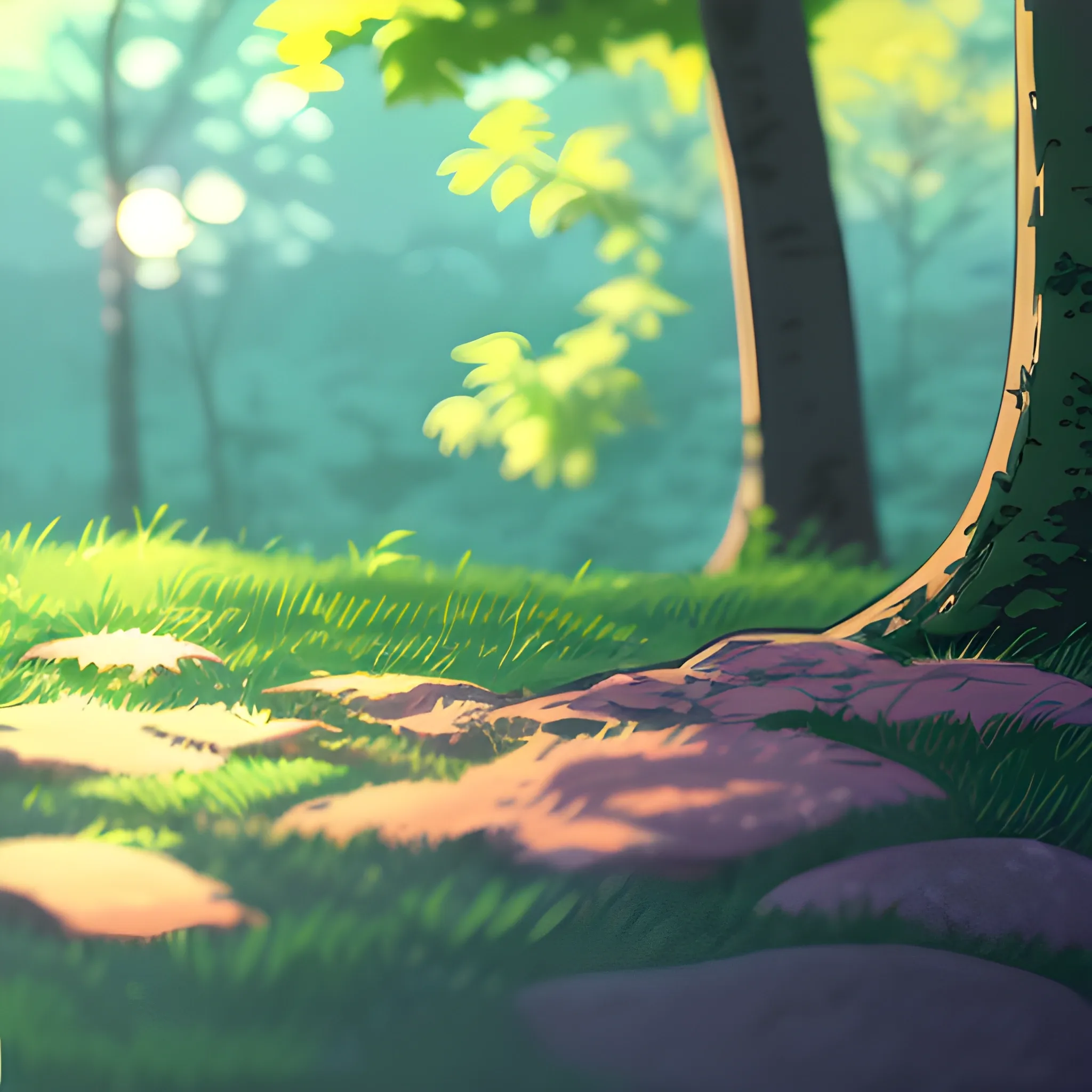 close up on foliage with glimmer of sun... in the style of makoto shinkai, cartoon