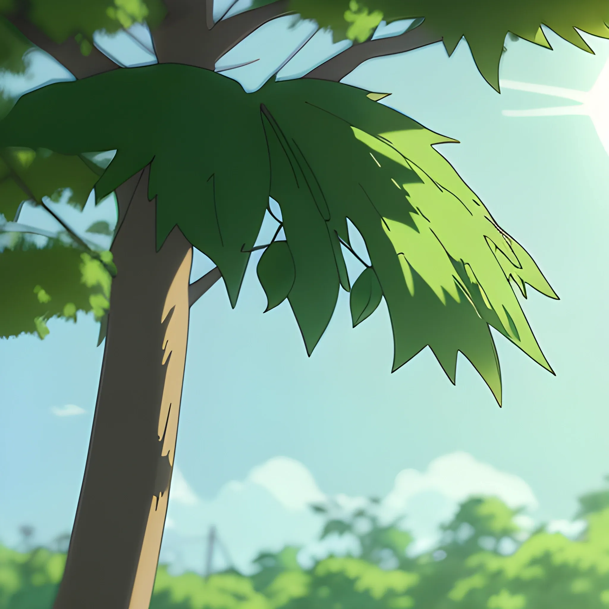 close up on foliage with glimmer of sun... in the style of makoto shinkai, cartoon