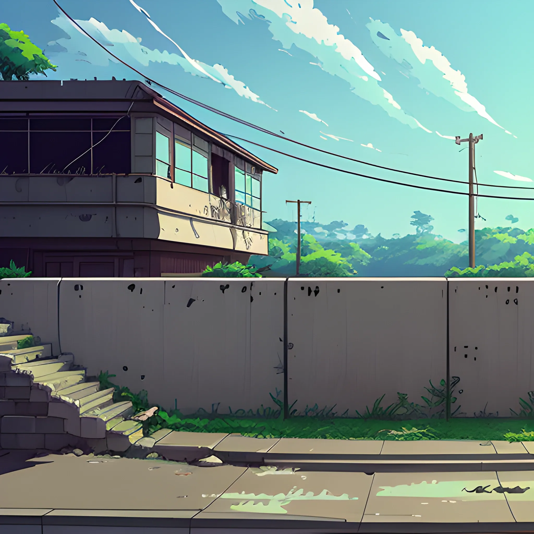 front of view of an old dilapidated wall... in the style of makoto shinkai, Cartoon