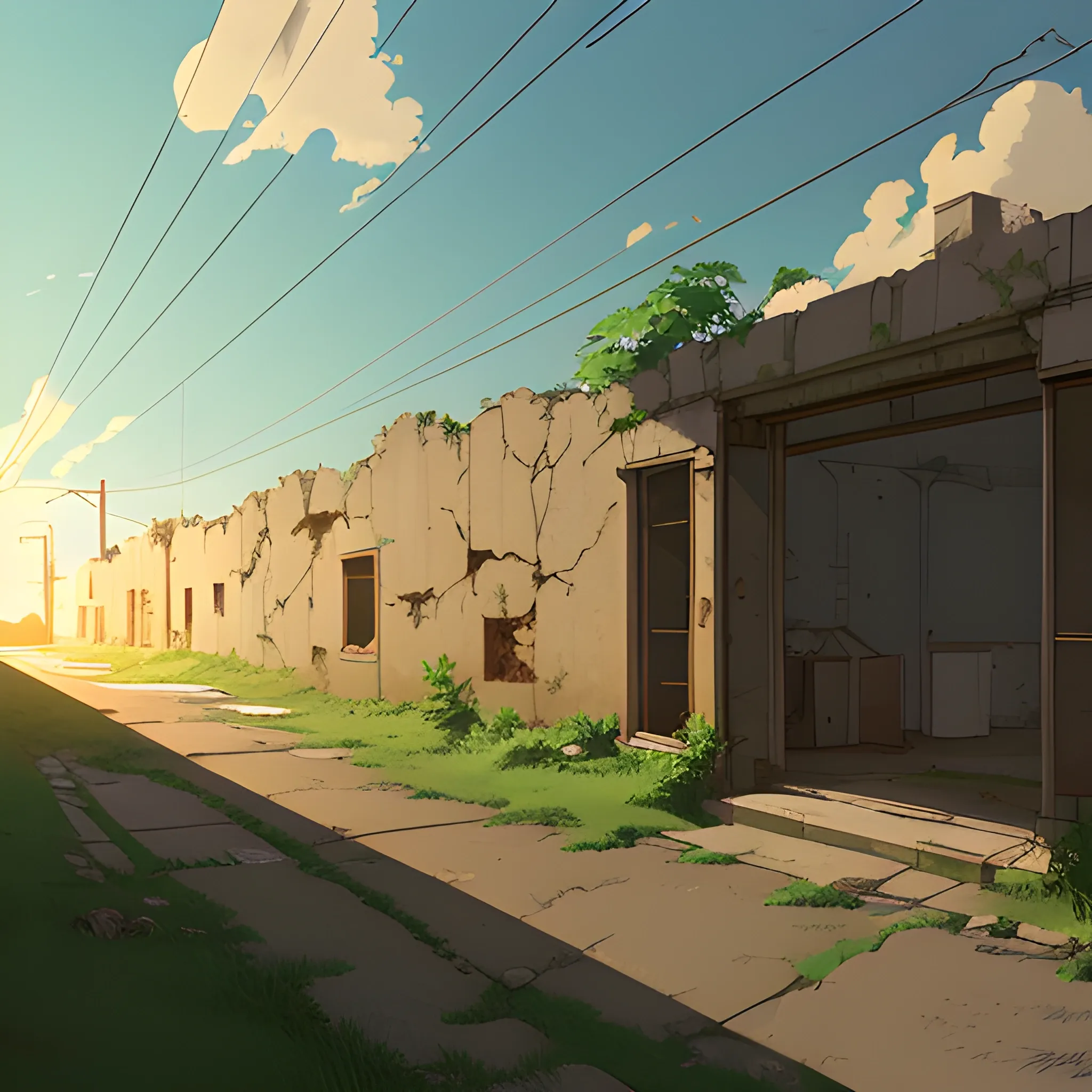 front of view of an old dilapidated wall with glimmer of sun... in the style of makoto shinkai, Cartoon