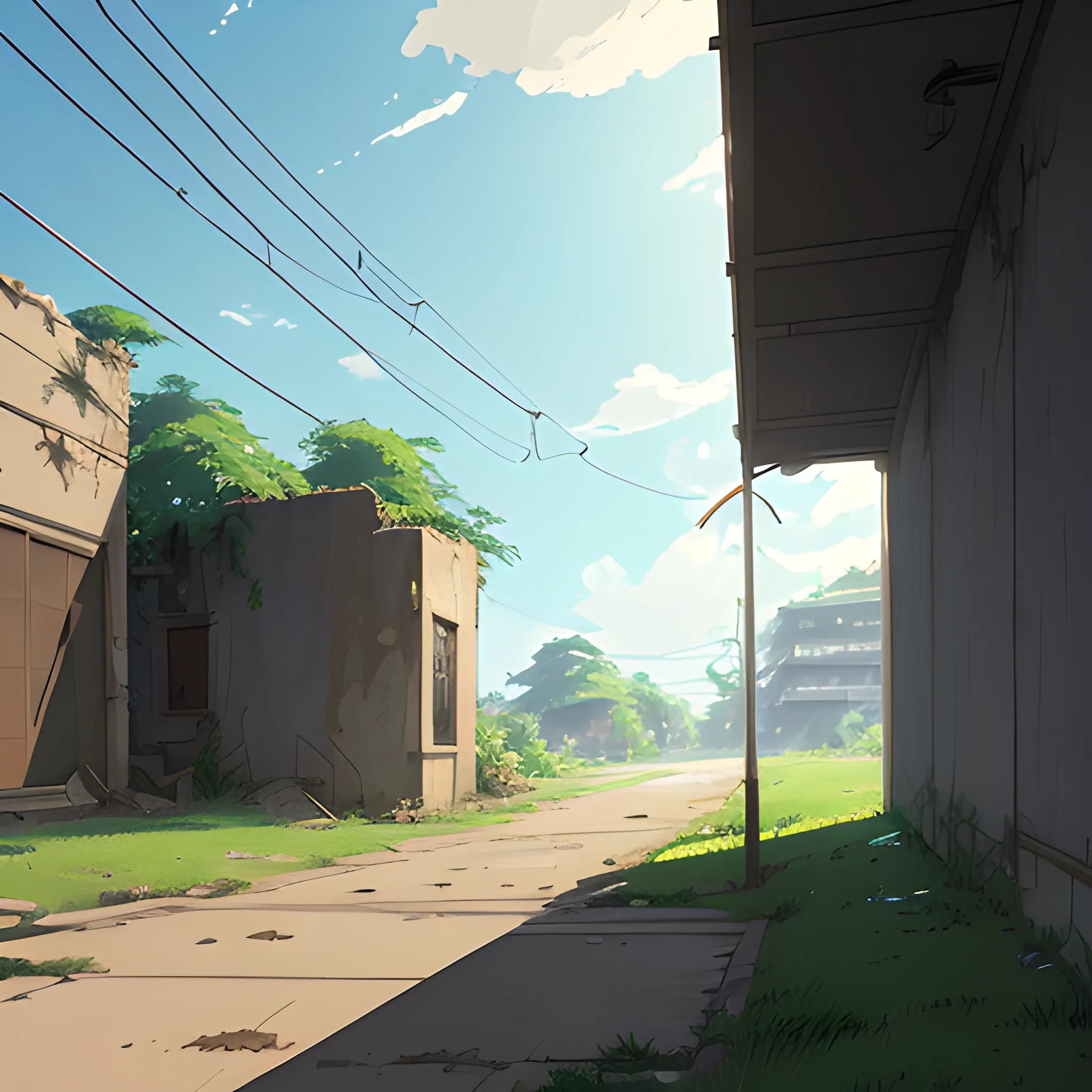 front of view of an old dilapidated wall with glimmer of sun... in the style of makoto shinkai, Cartoon