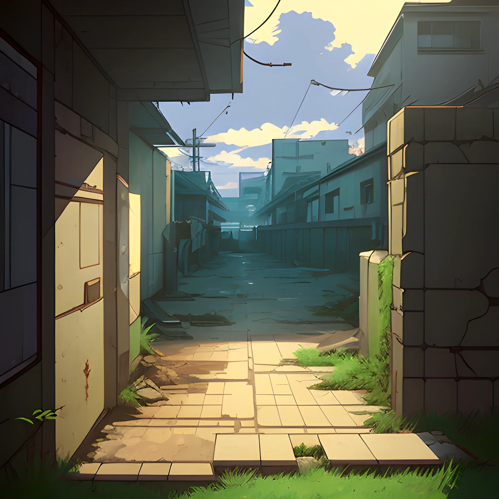 front of view of an old dilapidated wall with glimmer of sun... in the style of makoto shinkai, Cartoon