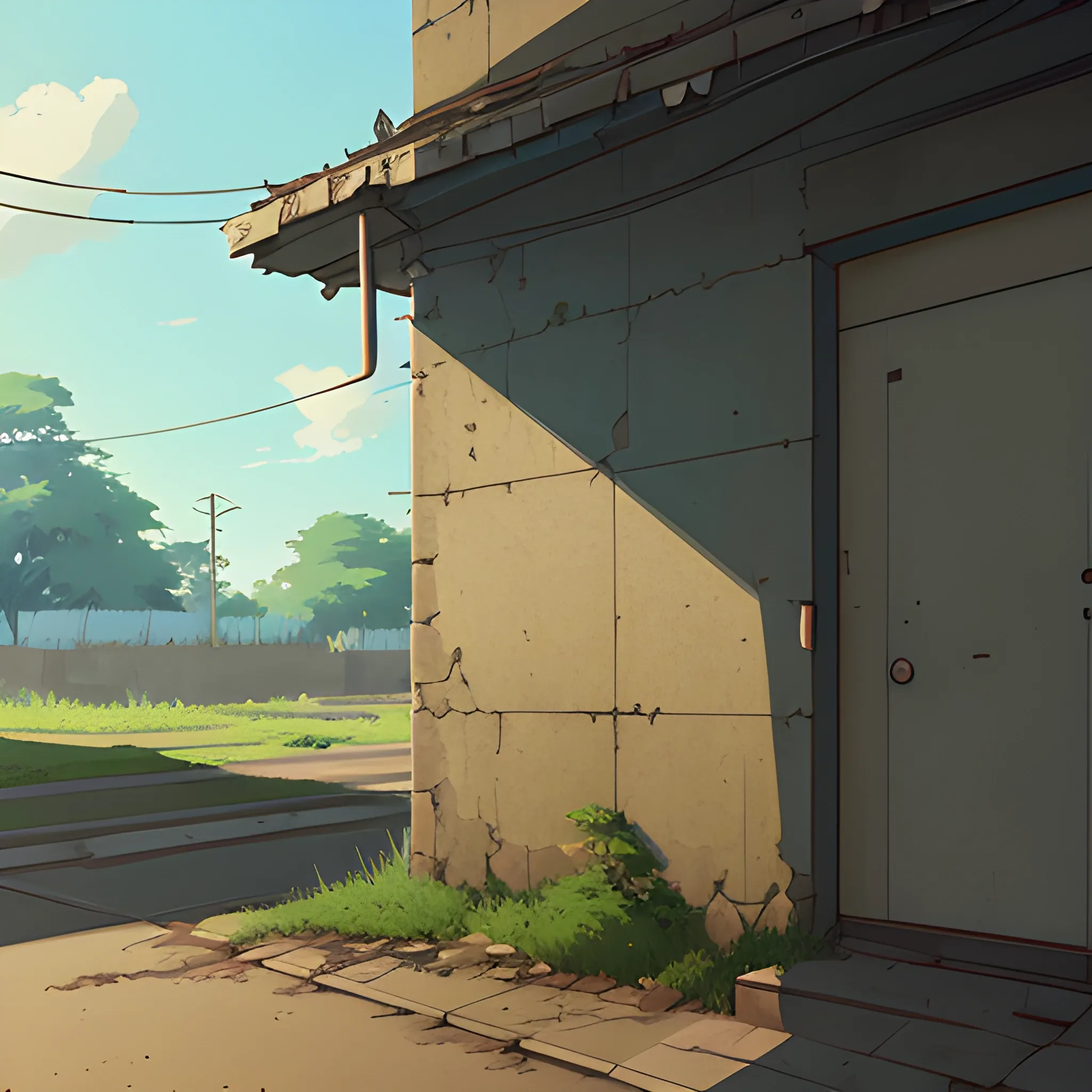 front of view of an old dilapidated wall with glimmer of sun... in the style of makoto shinkai, Cartoon