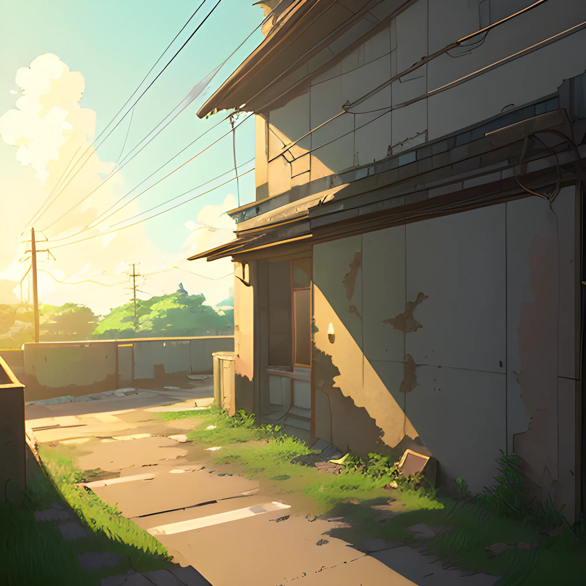 front of view of an old dilapidated wall with glimmer of sun... in the style of makoto shinkai, Cartoon