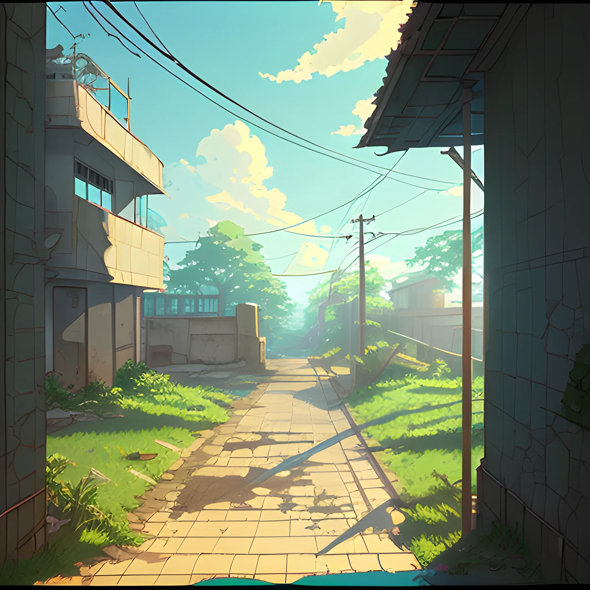 front of view of an old dilapidated wall with glimmer of sun... in the style of makoto shinkai, Cartoon