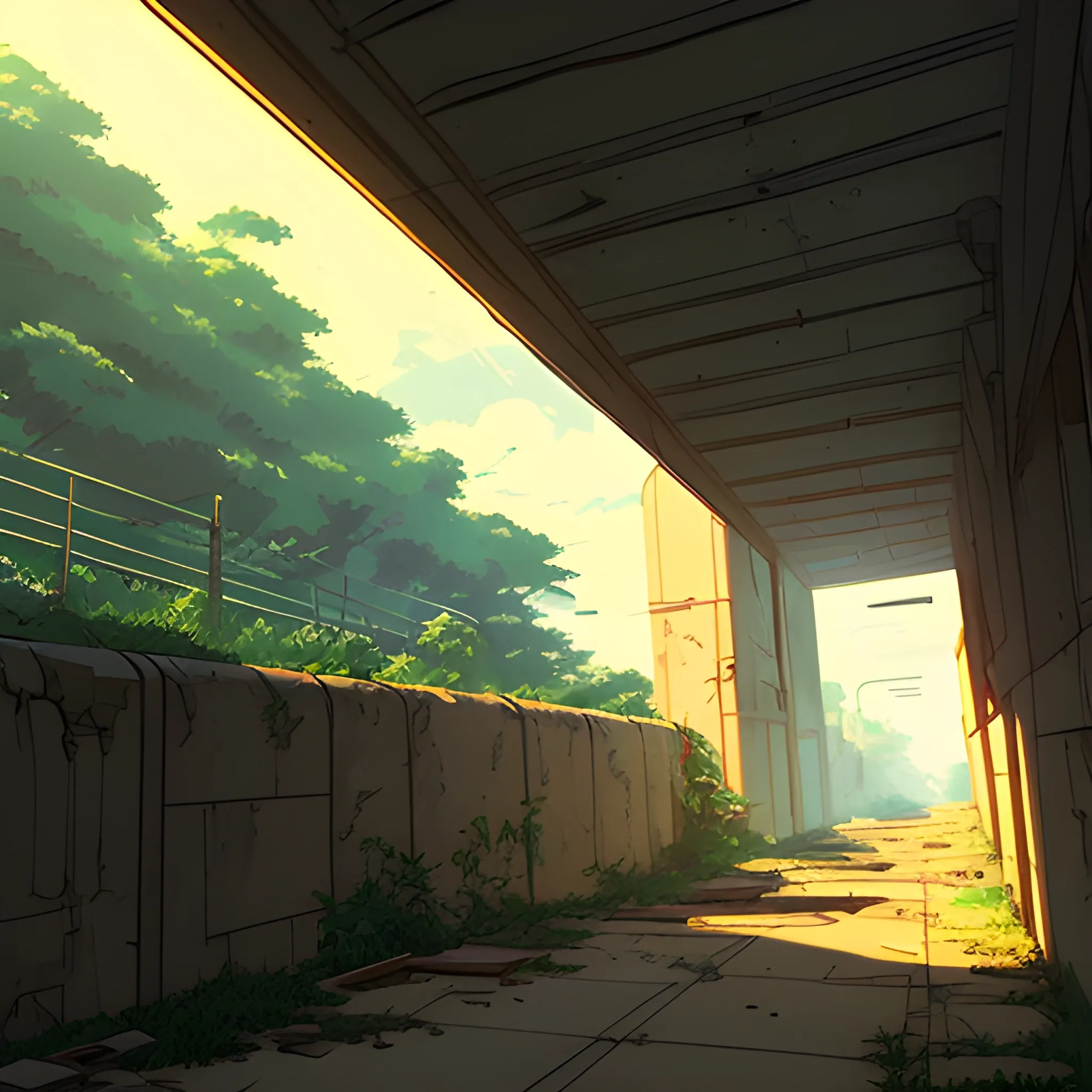 front of view of an old dilapidated wall with glimmer of sun... in the style of makoto shinkai, Cartoon