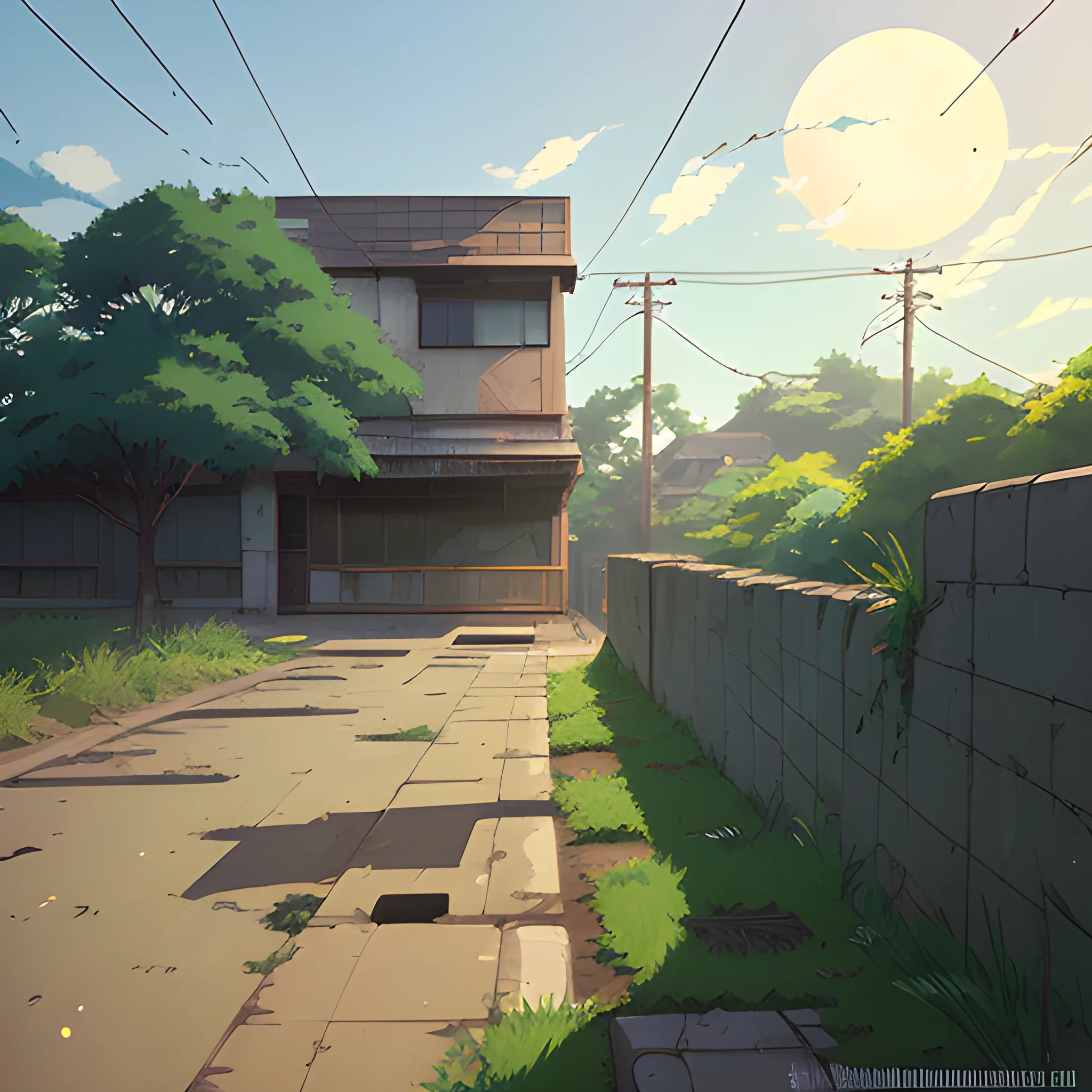 front of view of an old dilapidated wall with glimmer of sun... in the style of makoto shinkai, Cartoon