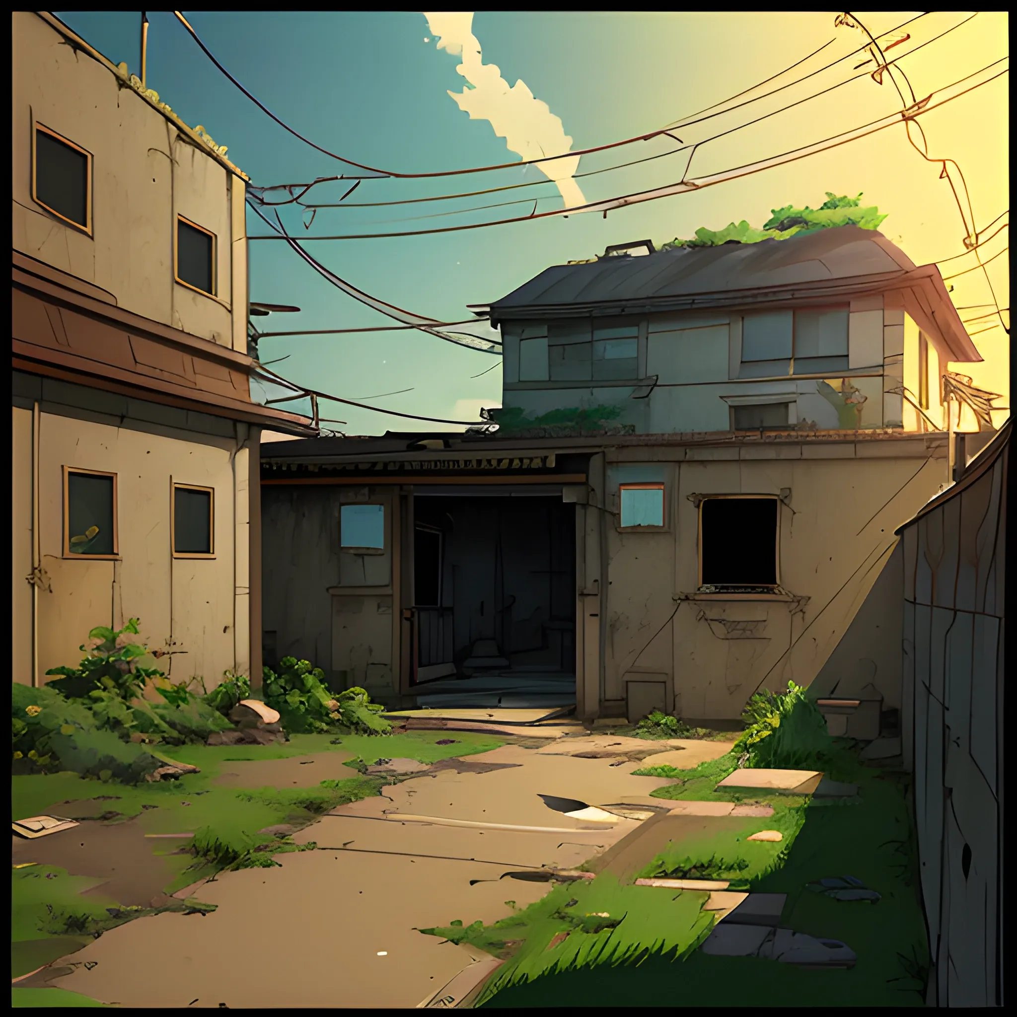 front of view of an old dilapidated wall with glimmer of sun... in the style of makoto shinkai, Cartoon