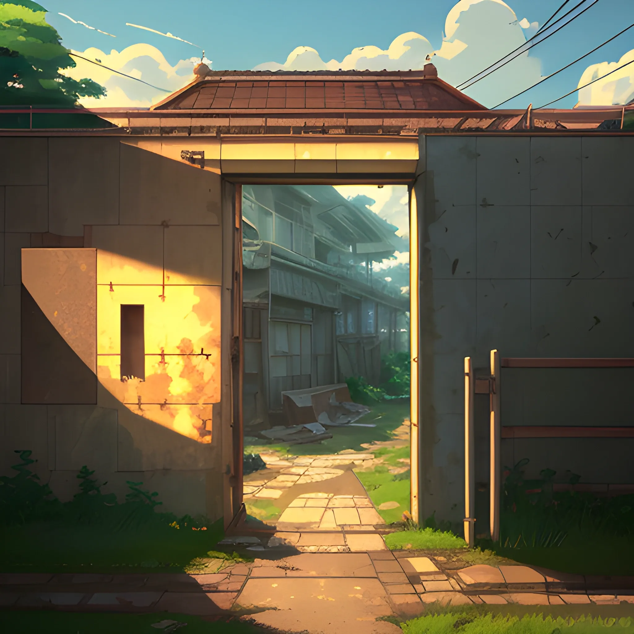 front of view of an old dilapidated wall with glimmer of sun... in the style of makoto shinkai, Cartoon