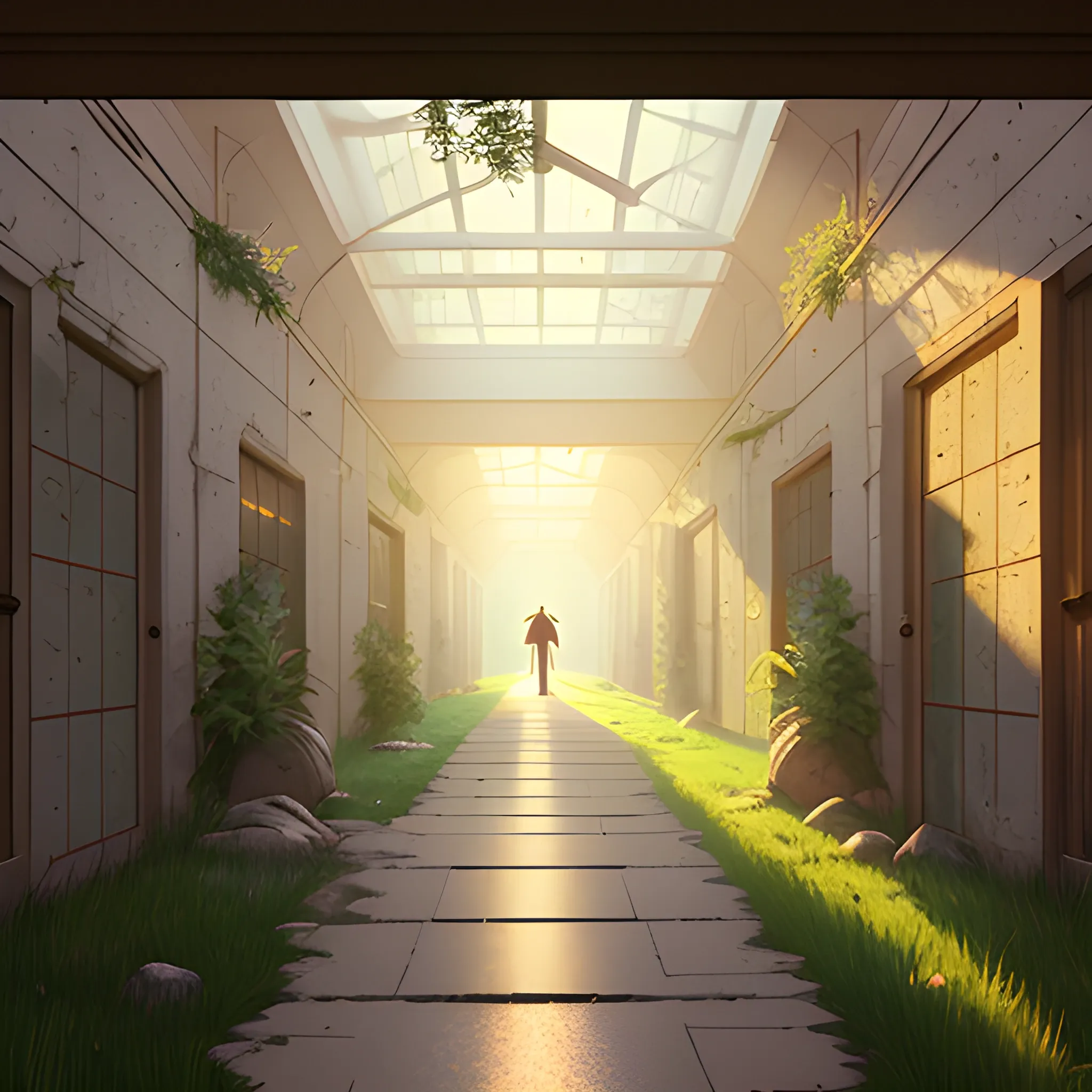 corridor of an old building under construction with stones, grass and cobwebs with glimmer of sun... in the style of makoto shinkai, Cartoon