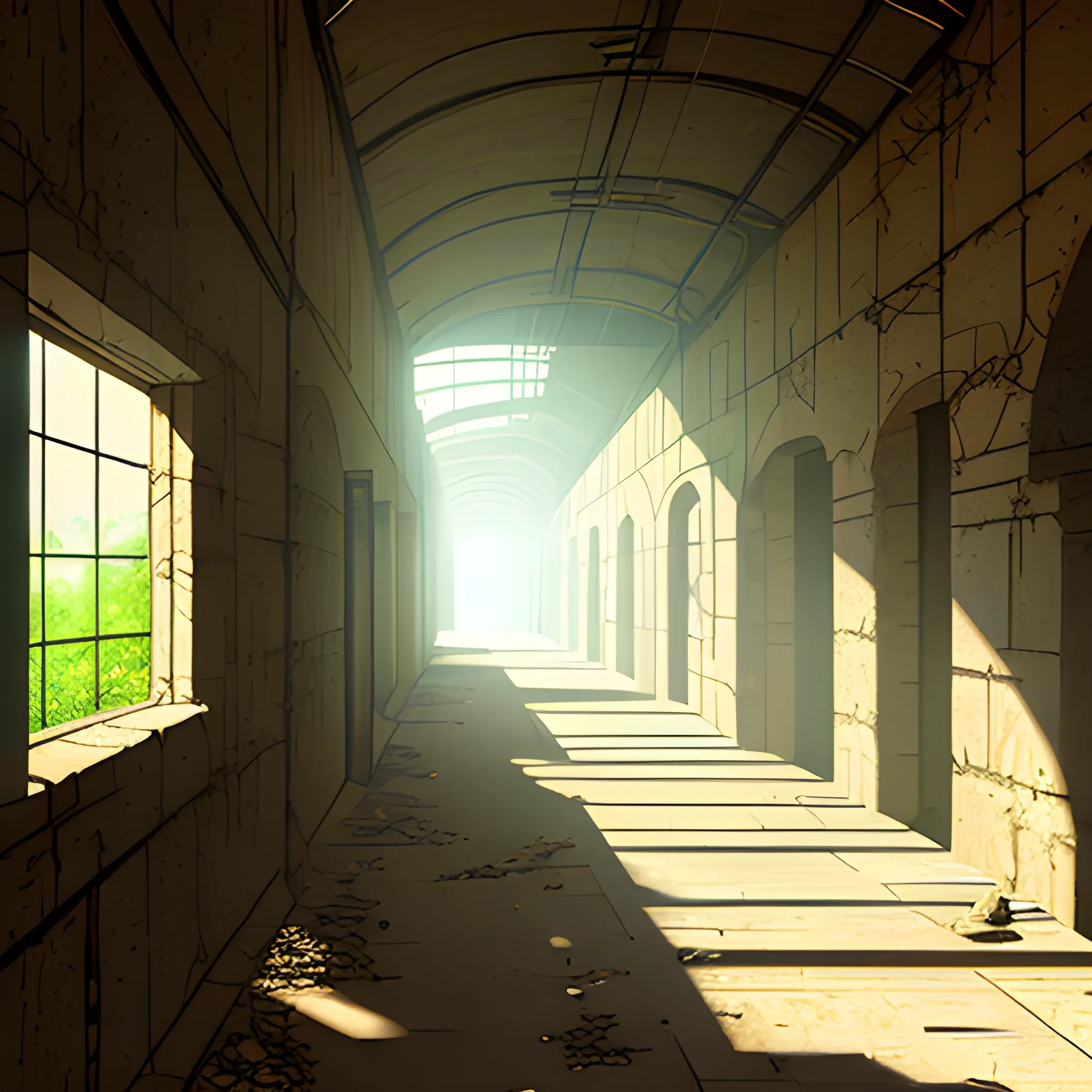 corridor of an old building under construction with stones, grass and cobwebs with glimmer of sun... in the style of makoto shinkai, Cartoon