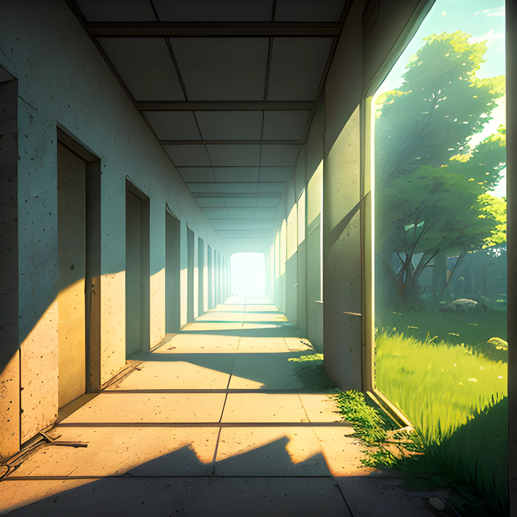 corridor of an old building under construction with stones, grass and cobwebs with glimmer of sun... in the style of makoto shinkai, Cartoon