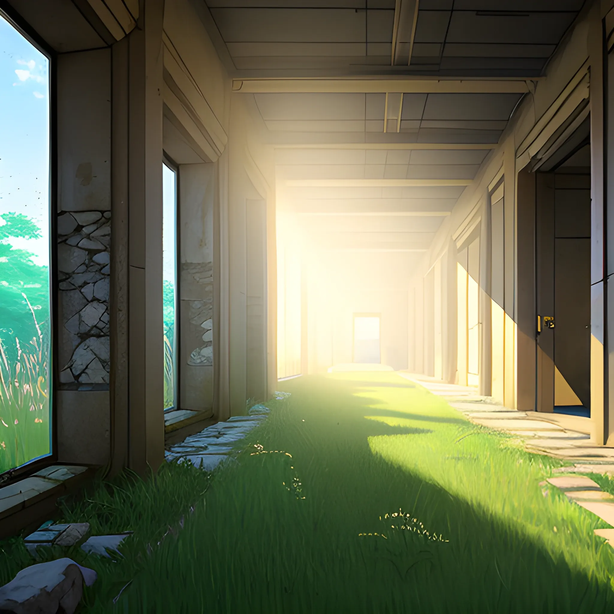 corridor of an old building under construction with stones, grass and cobwebs with glimmer of sun... in the style of makoto shinkai, Cartoon