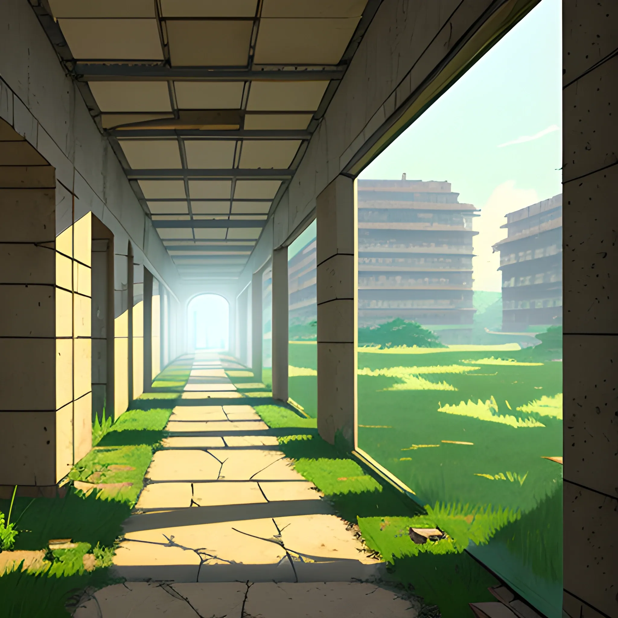 corridor of an old building under construction with stones, grass and cobwebs... in the style of makoto shinkai, Cartoon