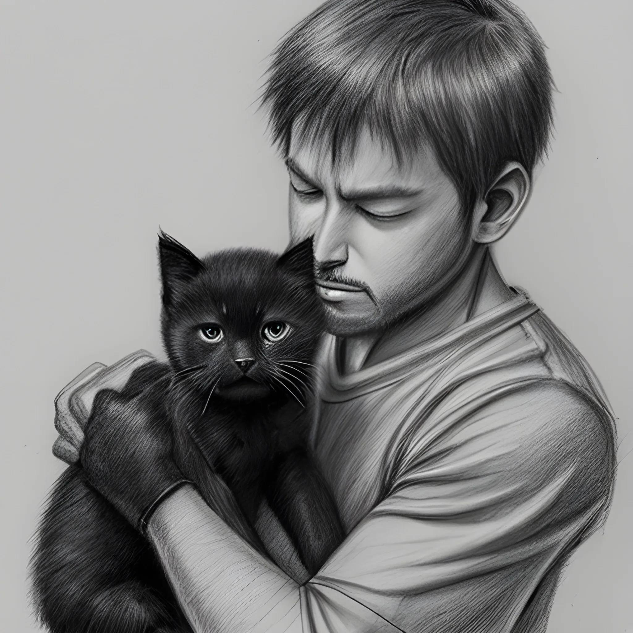 man take care to black kitten , Pencil Sketch