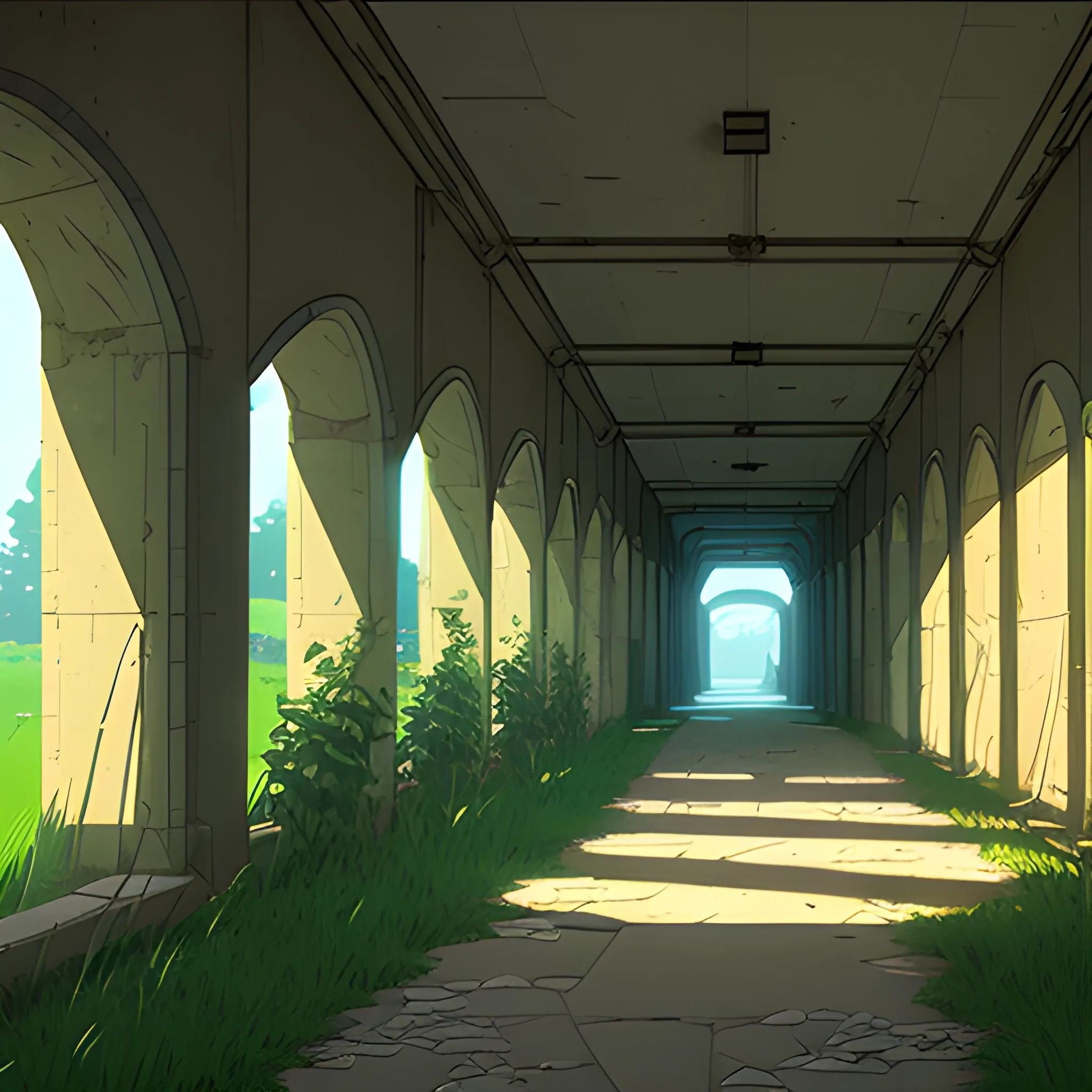 corridor of an old building under construction with stones, grass and cobwebs... in the style of makoto shinkai, Cartoon