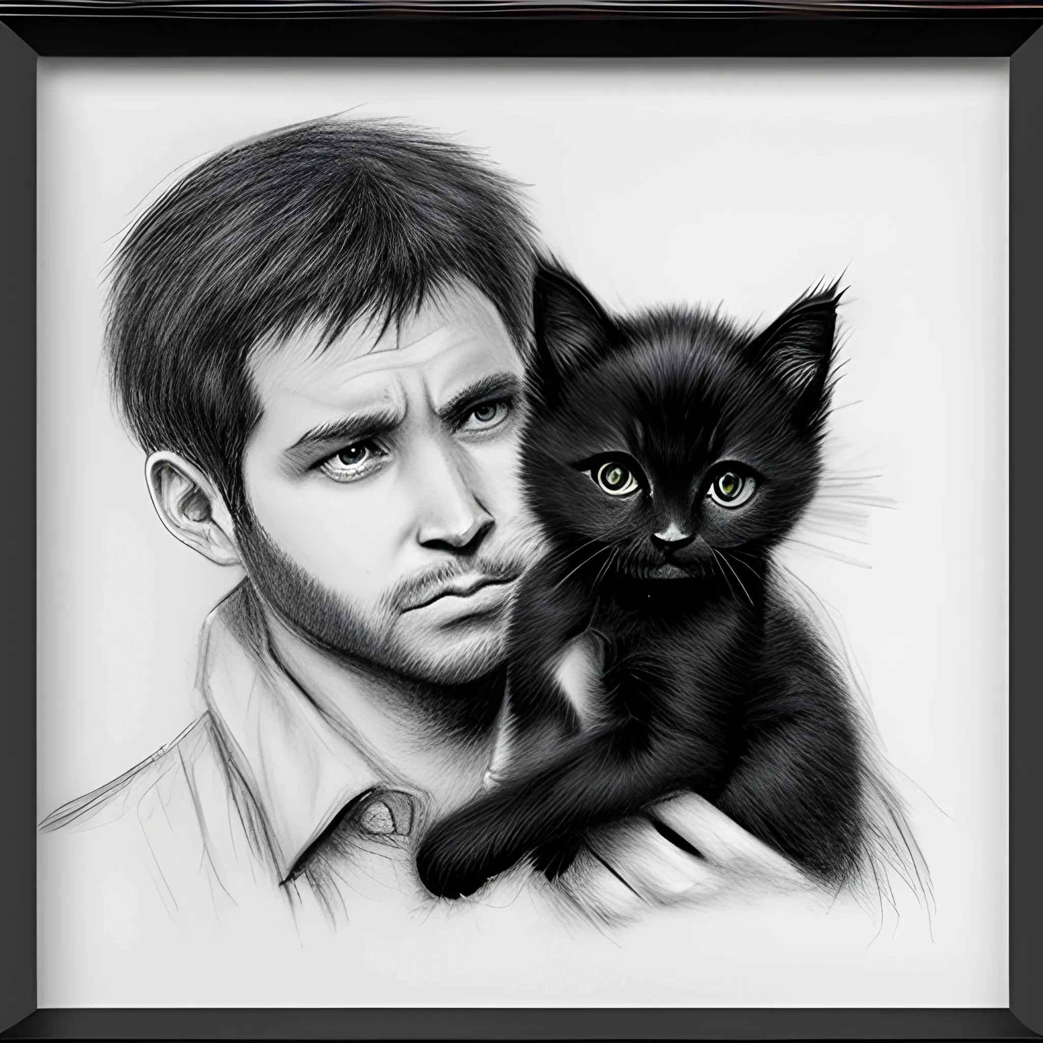 man take care to black kitten , Pencil Sketch