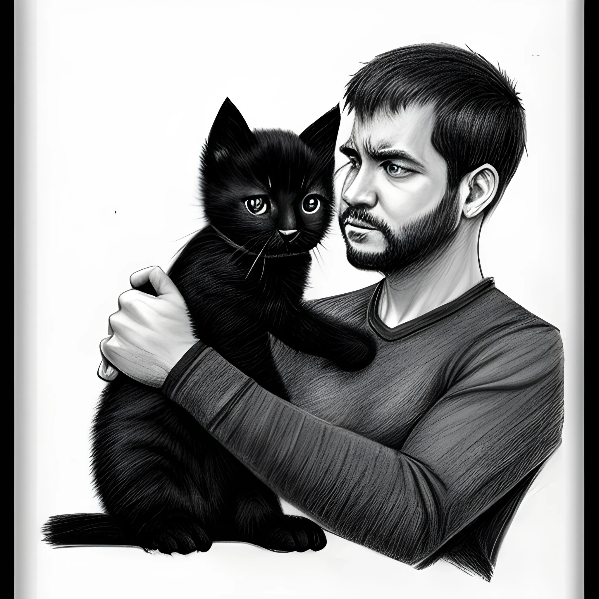 man take care to black kitten , Pencil Sketch