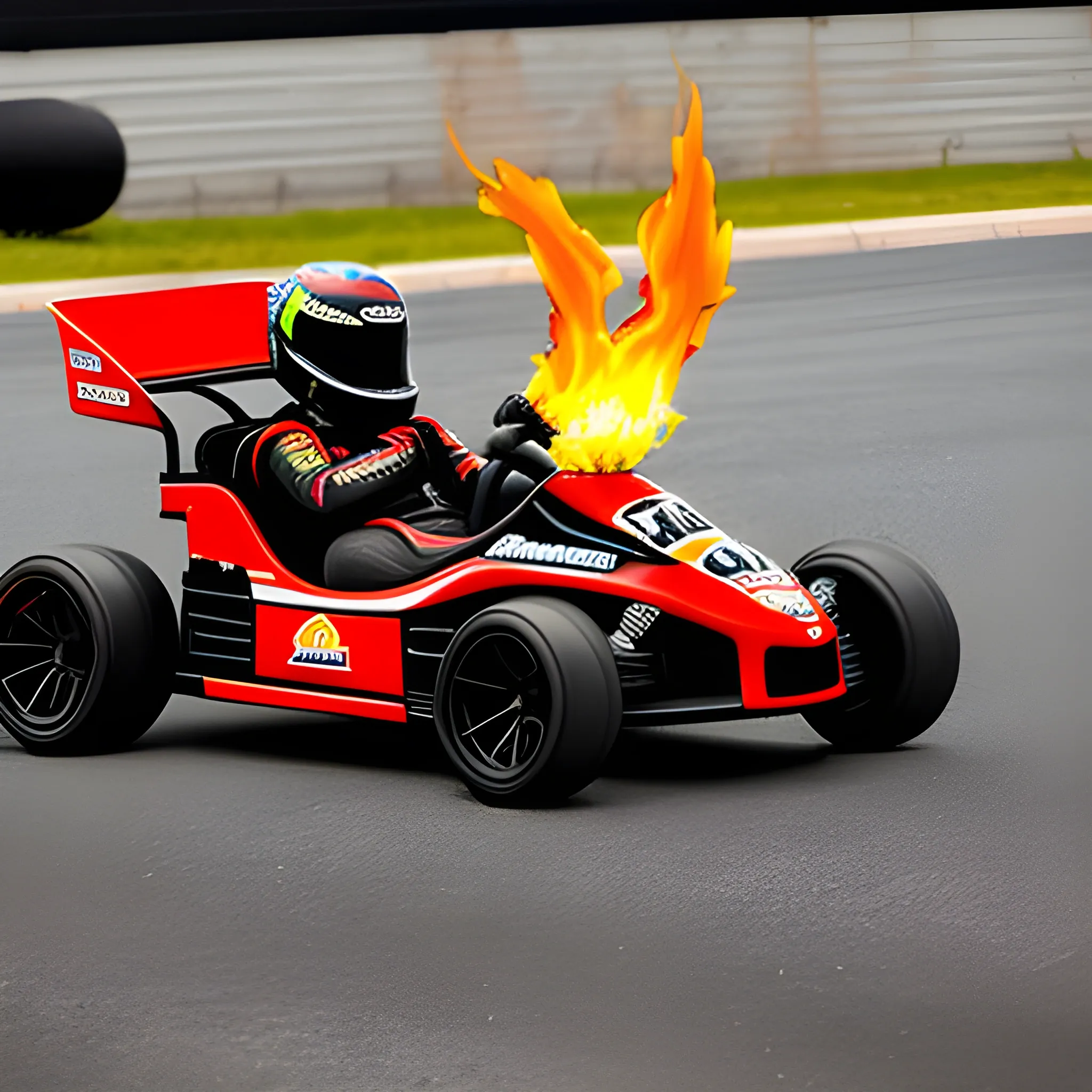 create a logo for a karting team, with a kart leaving a trail of fire on the list and the name "Karting Last Lap" printed on the logo