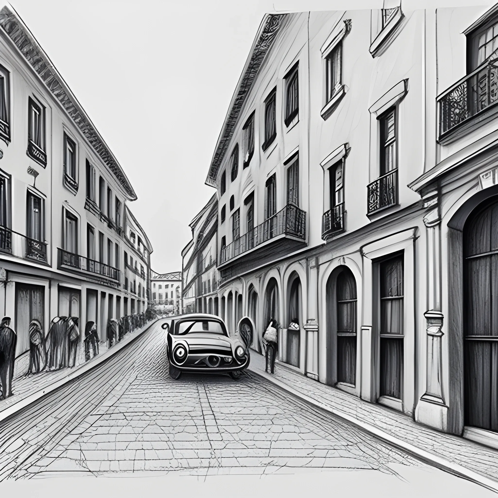 reach old Lisbon street with cars, Pencil Sketch