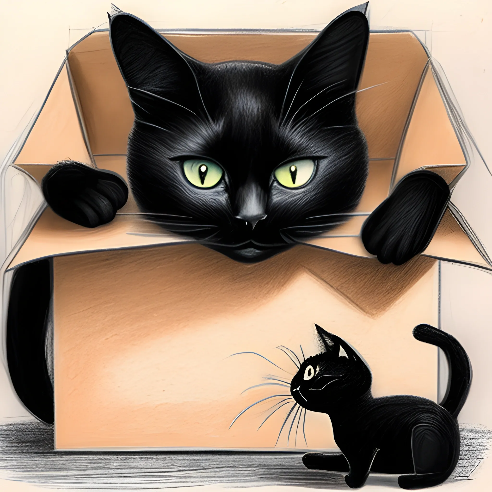 black cat in the present box, Pencil Sketch