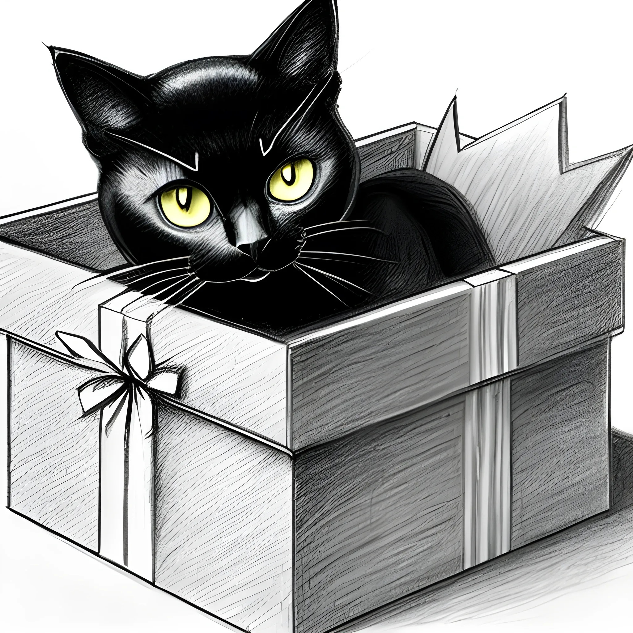 black cat in present box, Pencil Sketch