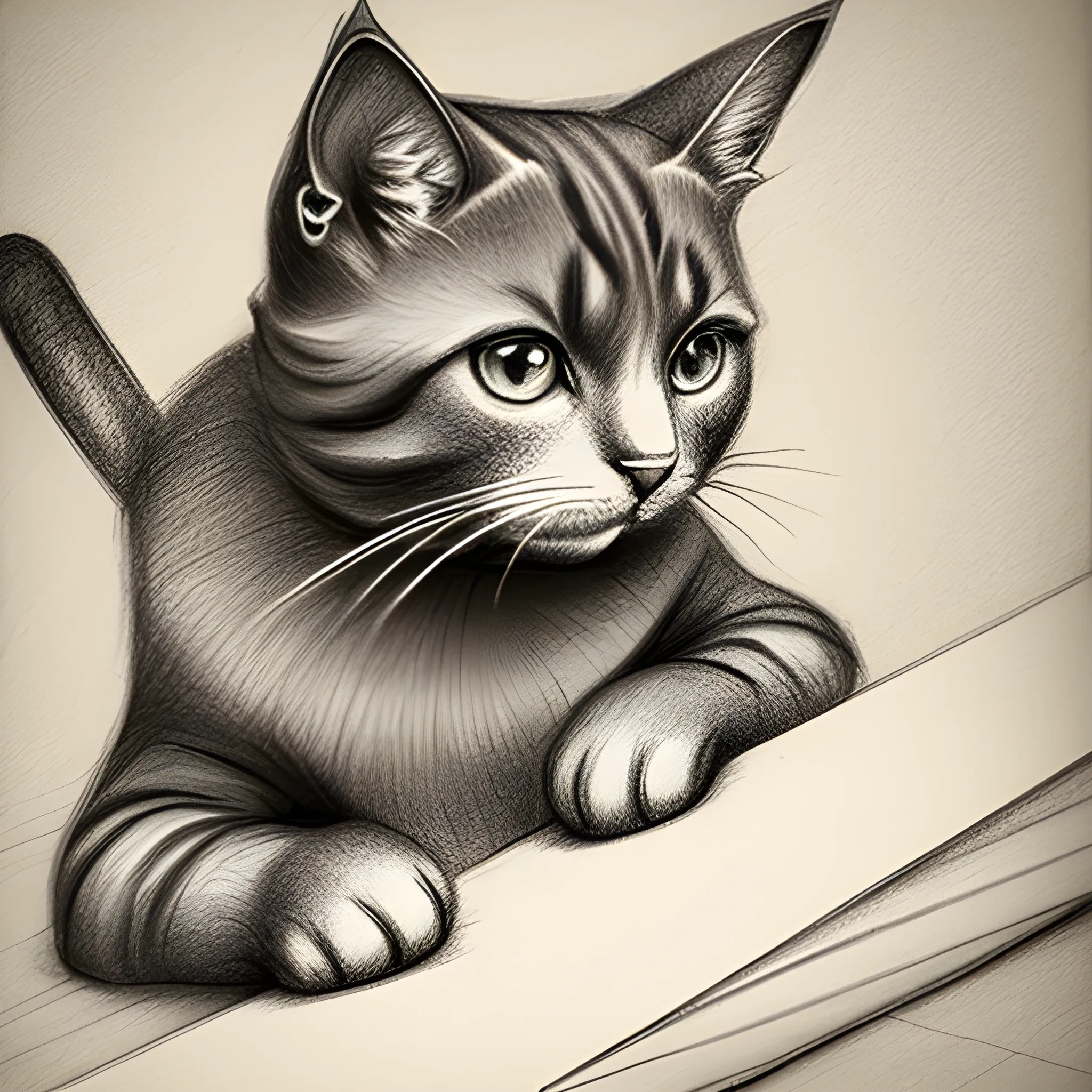 cat playing with paper, Pencil Sketch