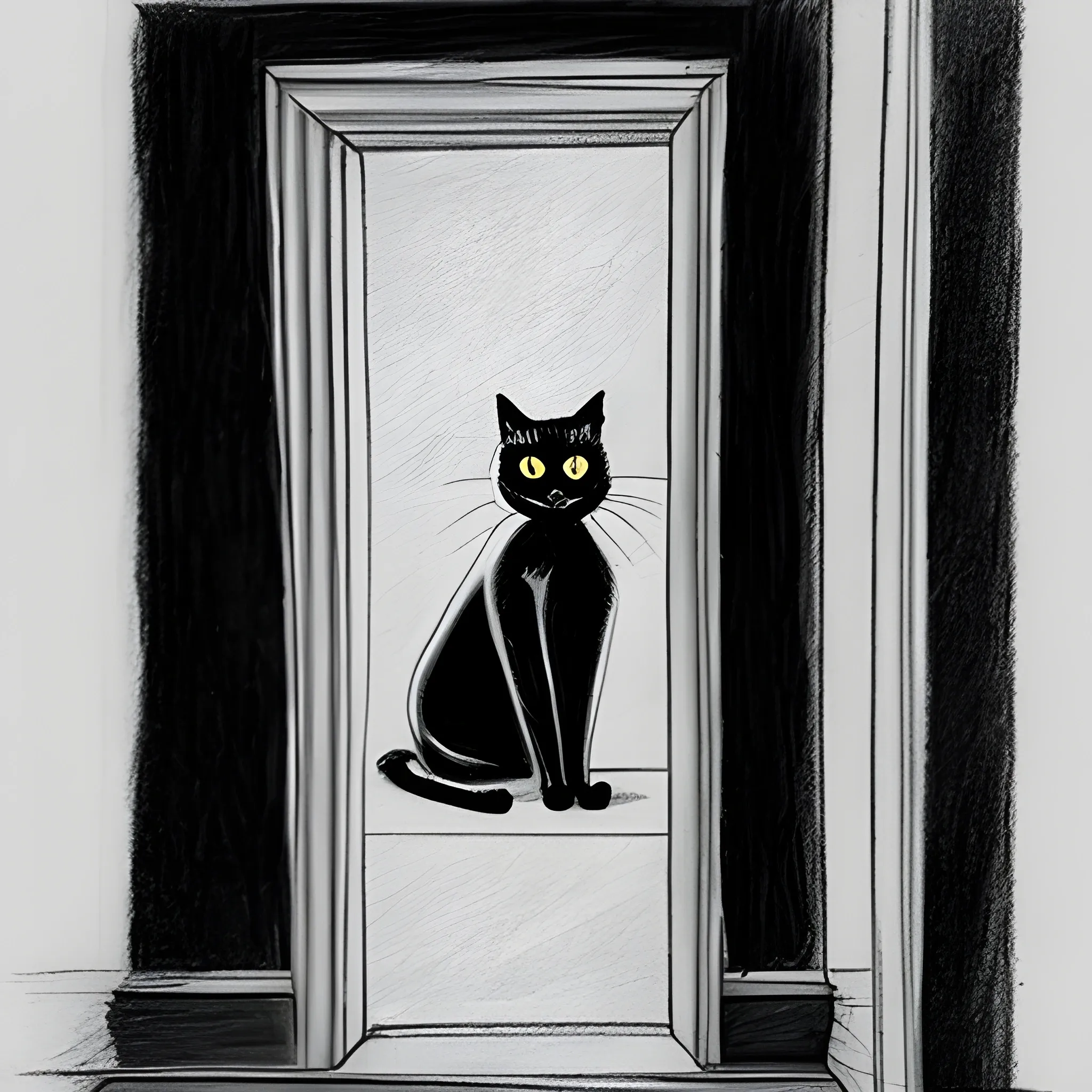 black cat near the door, Pencil Sketch