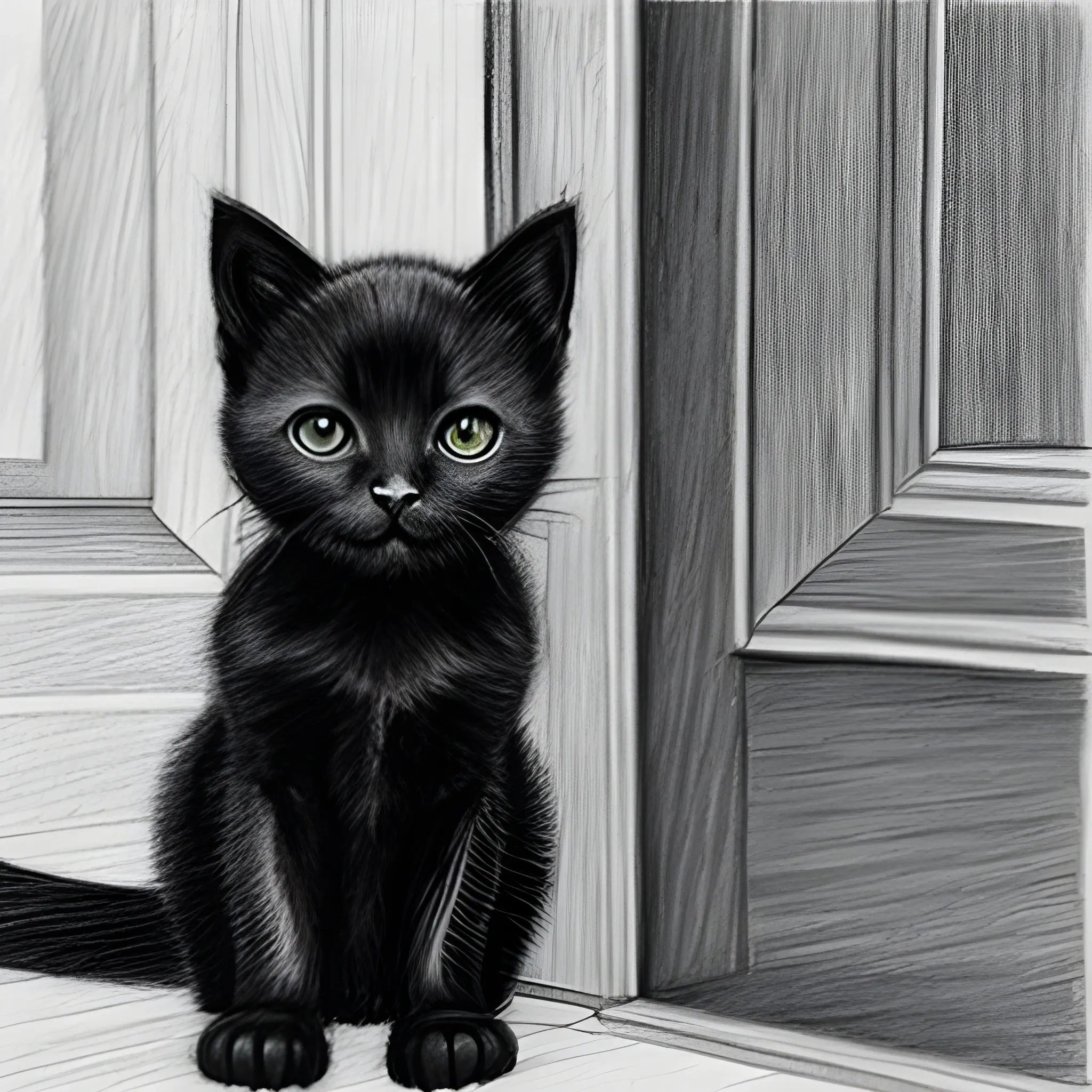 black kitten near the door, Pencil Sketch