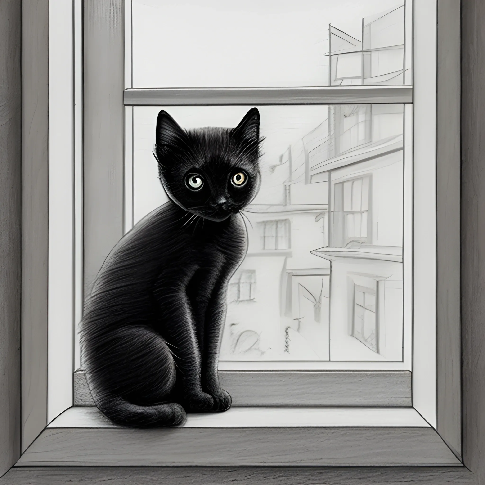 black kitten near the window, Pencil Sketch