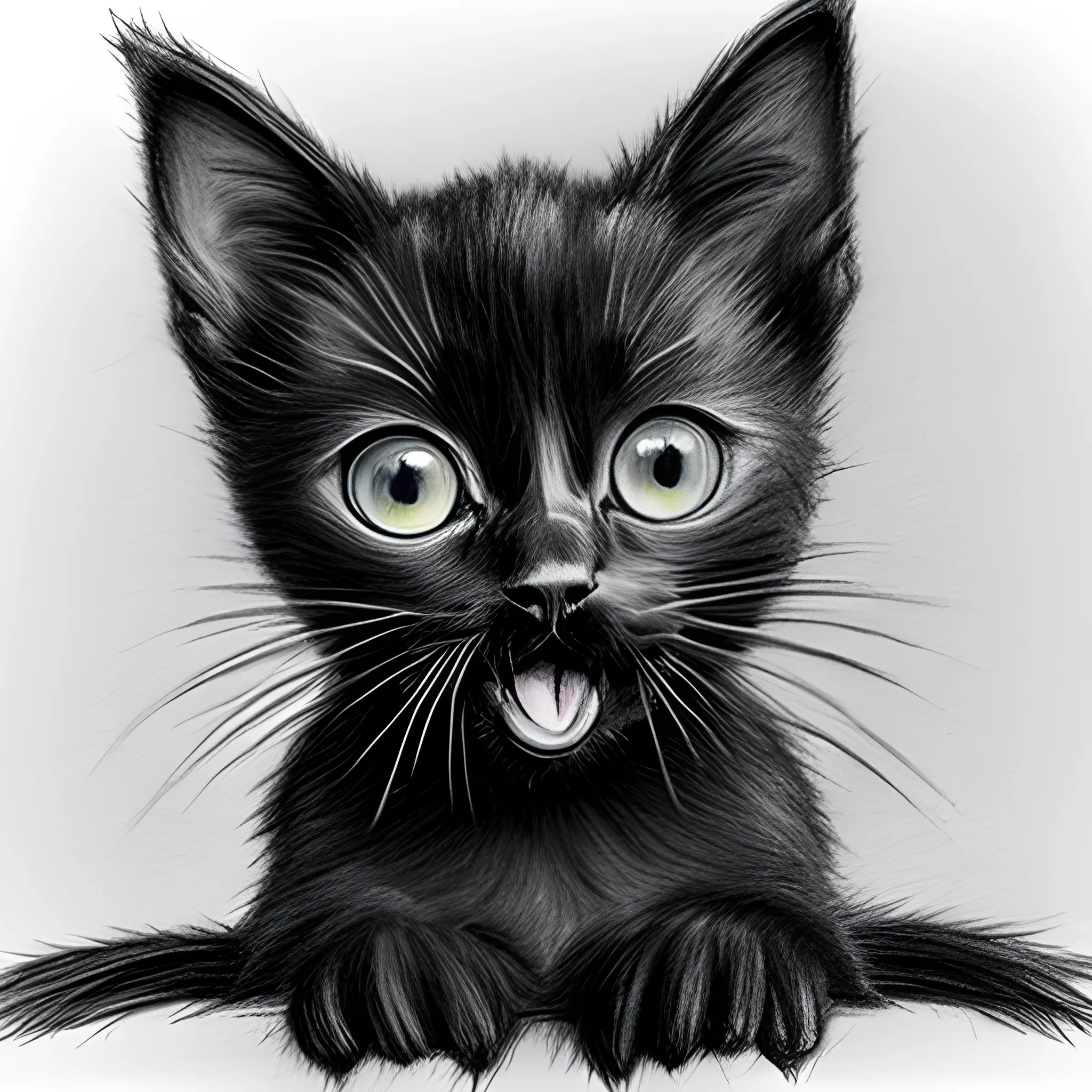 black kitten meowing, Pencil Sketch