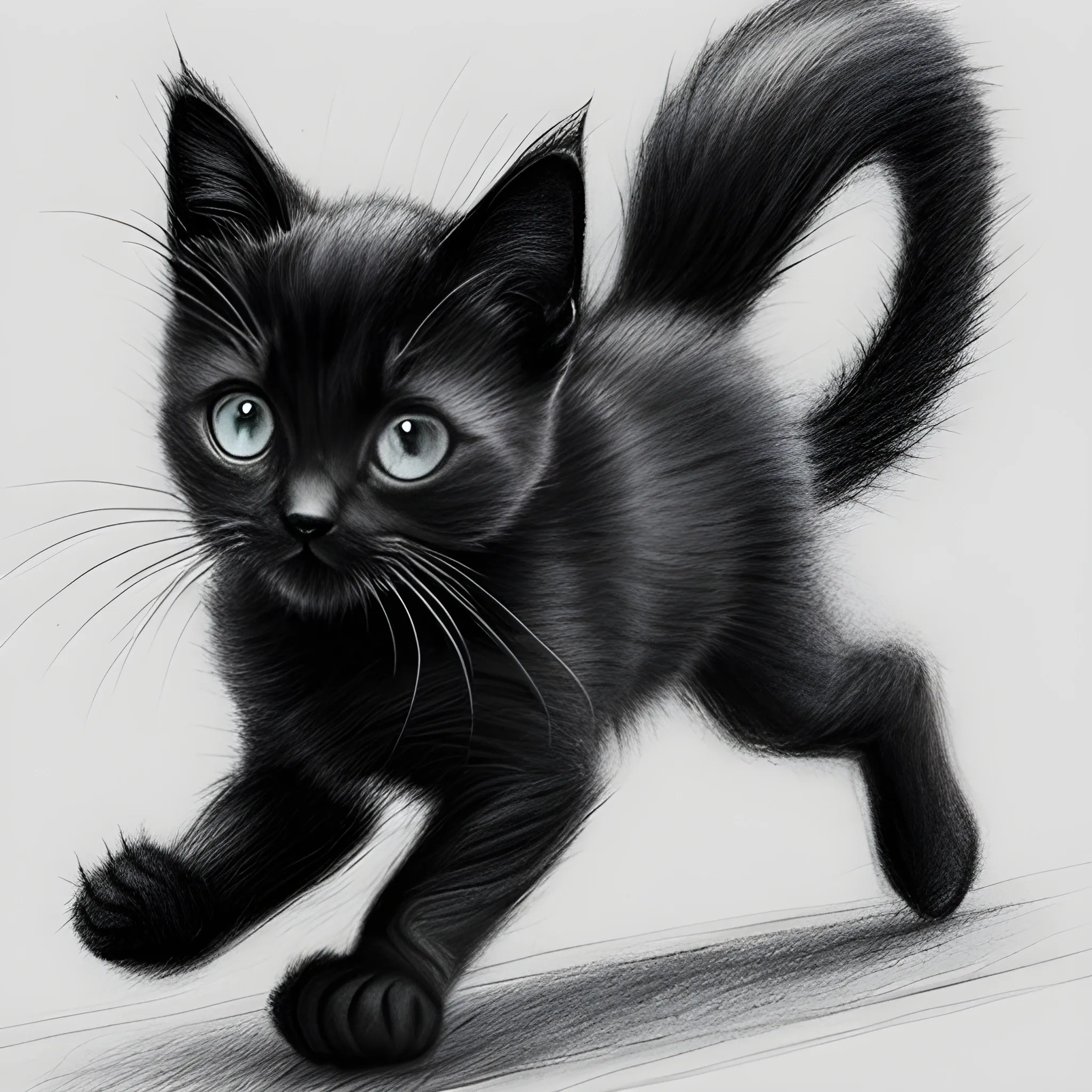 black kitten running, Pencil Sketch