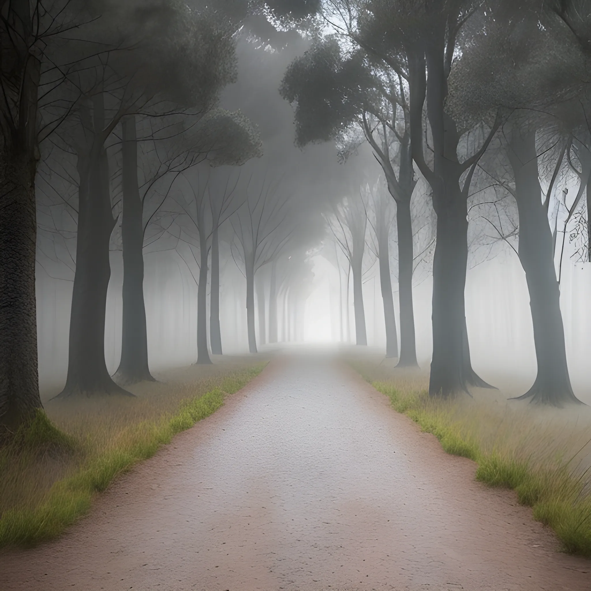 bosque con niebla
un camino por medio
troncos gandes y altos frondosos