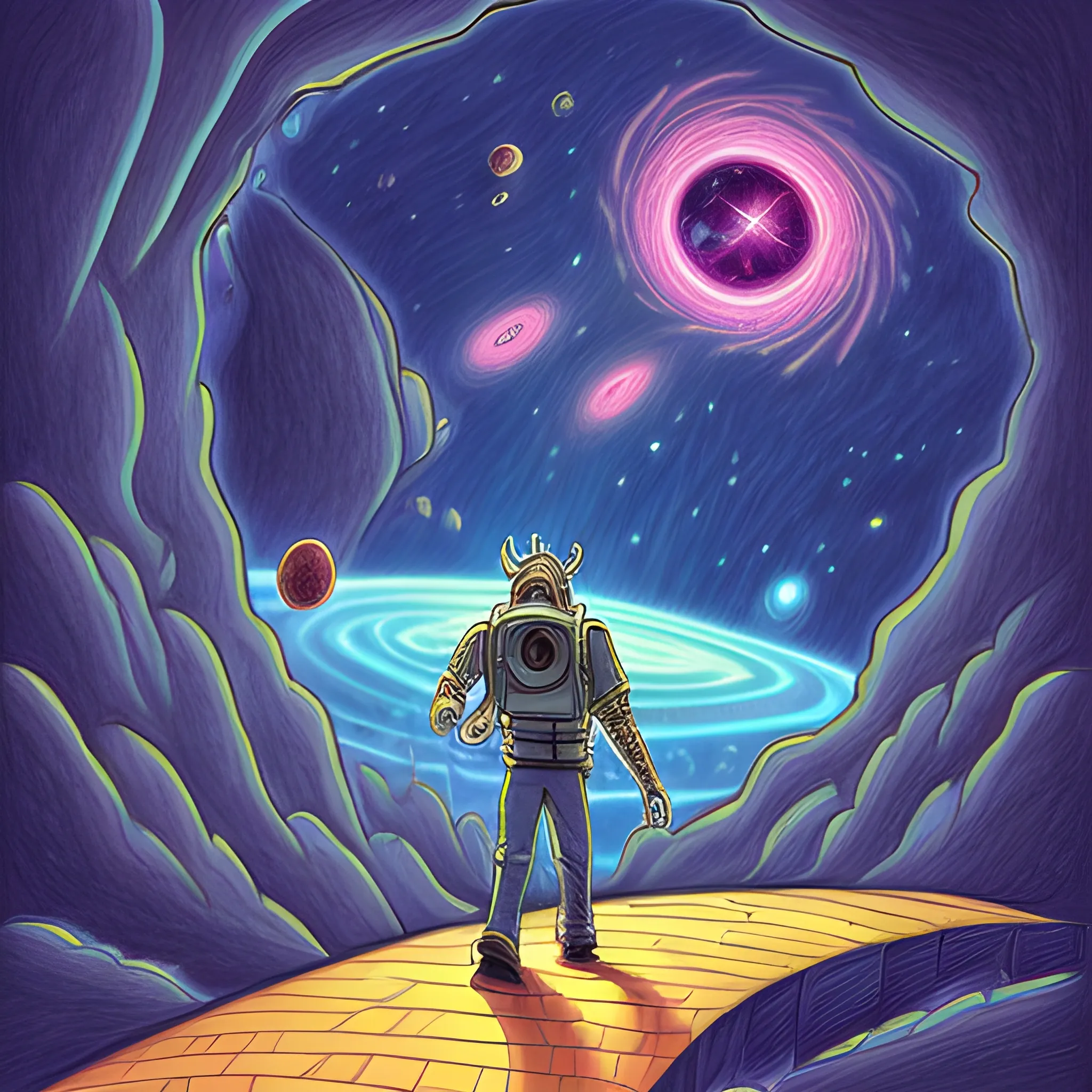 
Fantasy drawing of a man taking a trip through the galaxy., Cartoon, Cartoon